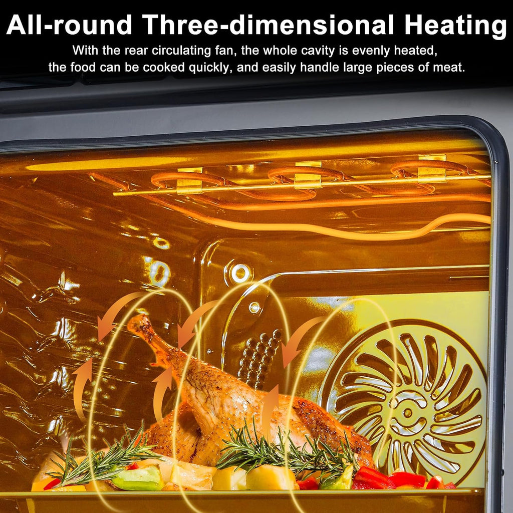 24 Inch Stainless Steel Toaster Oven and Black Air Fryer Combo: 70L Capacity, 3D Heating with Steam, Touch Control, Multi-Function Modes for Countertop Built-in Use