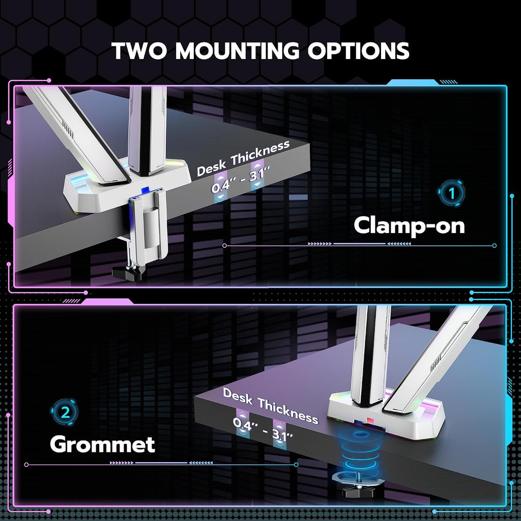 ARES WING RGB Dual Monitor Arm for 17-38' Ultrawide Screens, Holds 35.2lbs, Heavy Duty Dual Monitor Stand for Desk, Adjustable Double Monitor Mount with Clamp & Grommet Base, 75/100 VESA Mount, White