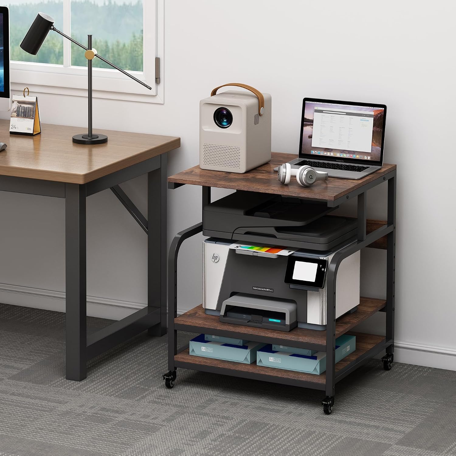 Fannova 23.6' Deep Extra Large Printer Stand, 3 Tier Printer Table with Adjustable Storage Shelf, Rolling Printer Cart with Industrial Wheels for Home Office, Rustic Brown
