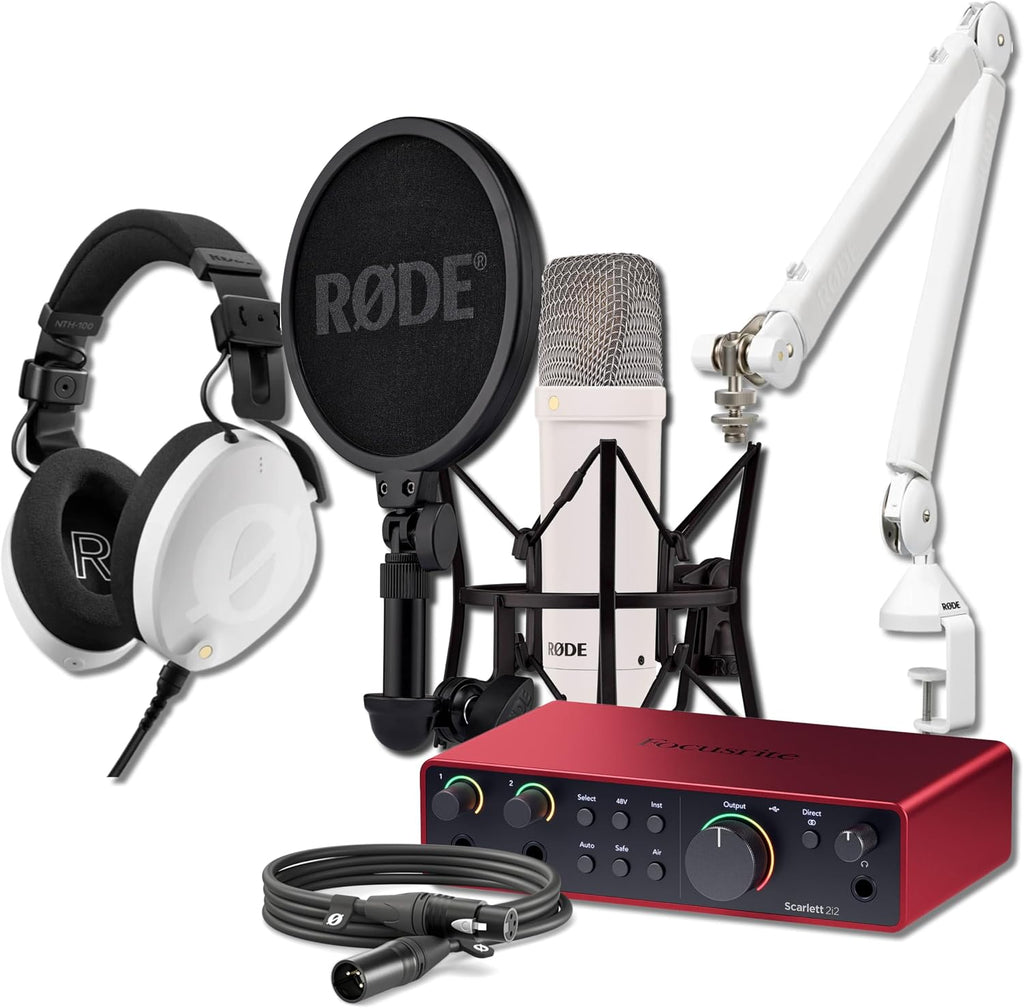 Rode NT1 Signature Series Condenser Microphone (White) with Scarlett 2i2 4th Gen USB Audio Interface, W PSA1+ Broadcast Microphone Boom Arm and W NTH-100 Professional Over-Ear Headphones