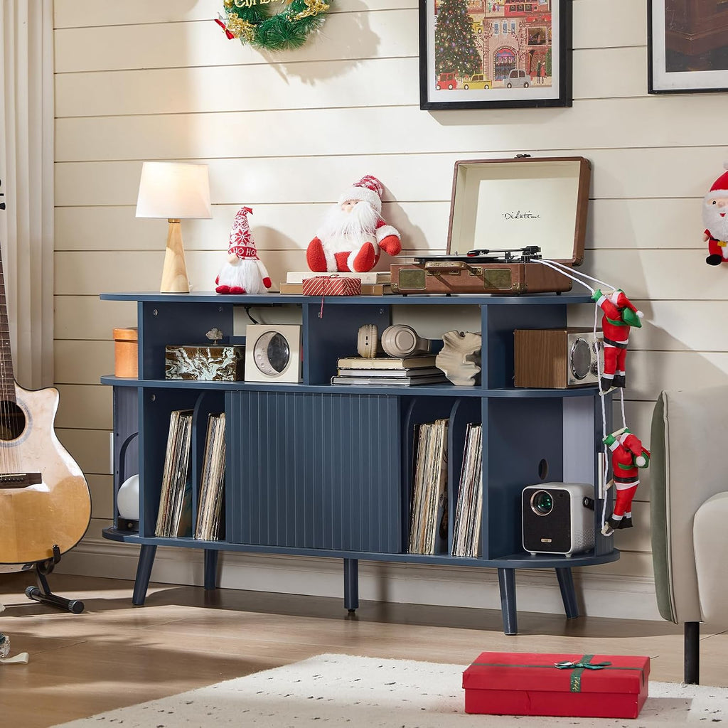 LELELINKY Large Round Record Player Stand with Charging Station & Fluted Panel, Blue Mid Century Modern Turntable Cabinet with Vinyl Storage, Arched Wood Record Player Table for Living Room