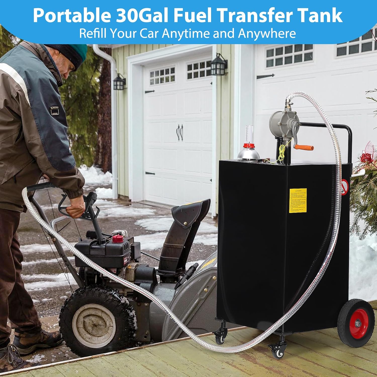 Garvee 30 gal Fuel Caddy with Manual Pump – Heavy Duty Gasoline & Diesel Transfer Tank On 4 Wheels, Spill-Proof Portable Fuel Container for Boat, Truck, Lawn Mower, ATV, Garage & Farm – Black
