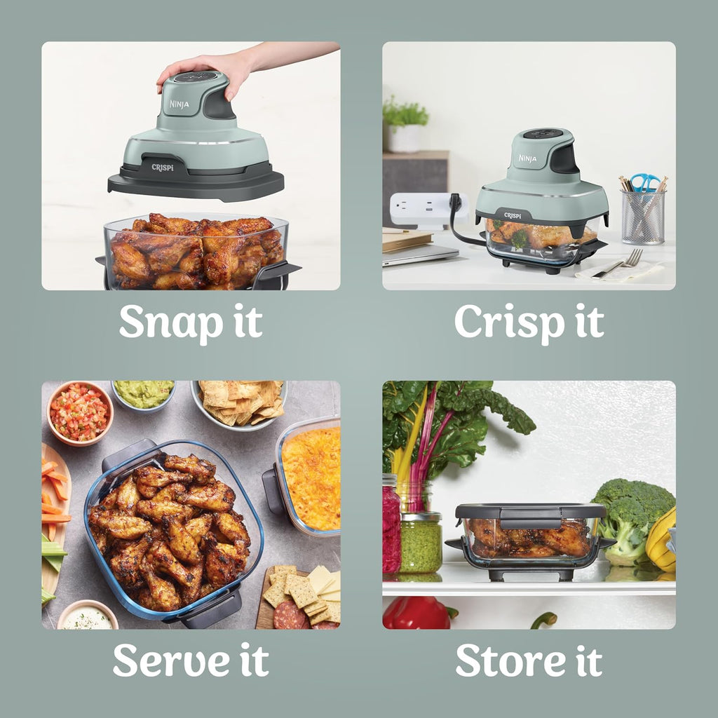Ninja Crispi 4-in-1 Glass Air Fryer | With Non-Toxic 4QT & 6-Cup Glass Containers & Lids | Microwave, Freezer, Dishwasher Safe | 450°F Max Temp |1500 Watt | Green | FN101SG