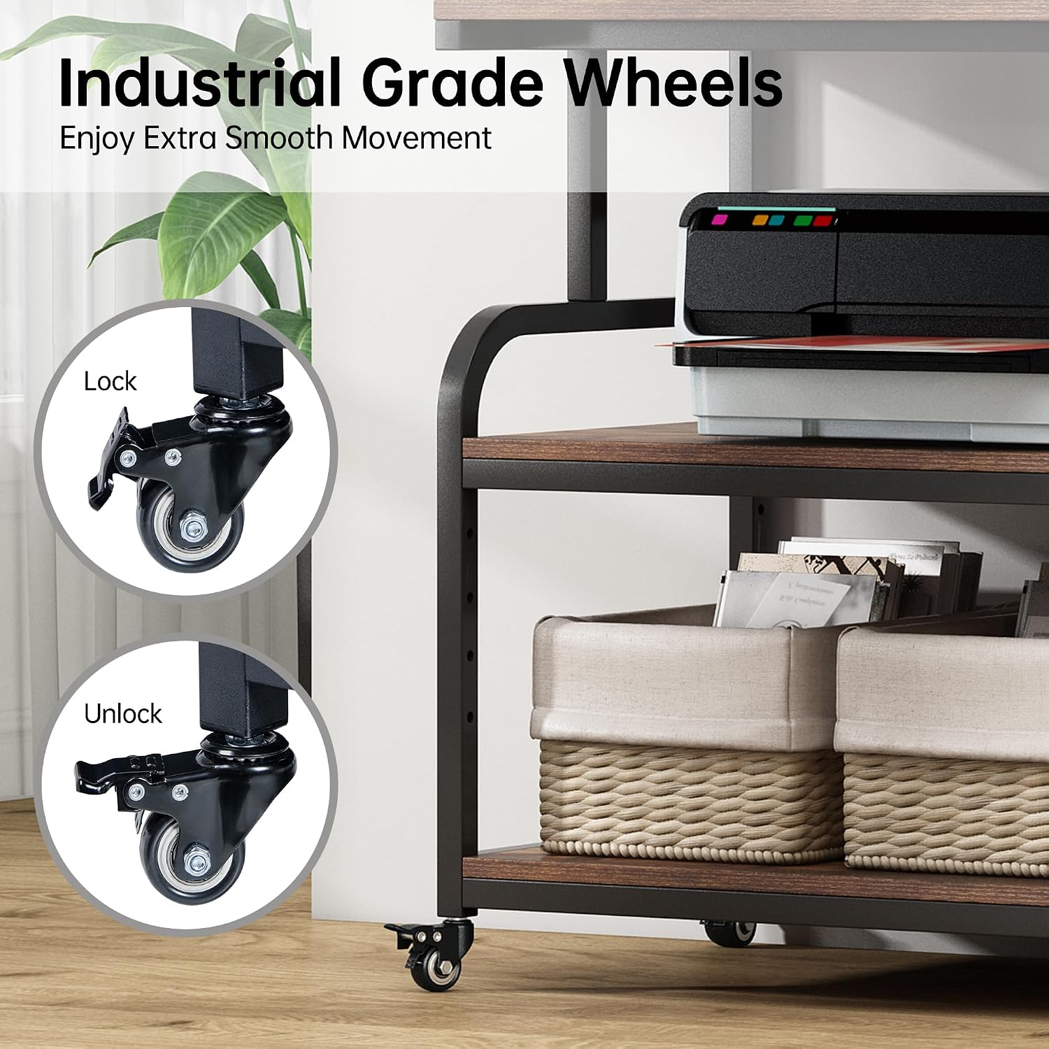 Fannova 32.3' Wide Extra Large Printer Stand, 3 Tier Printer Table with Adjustable Storage Shelf, Rolling Printer Cart with Industrial Wheels for Home Office, Rustic Brown