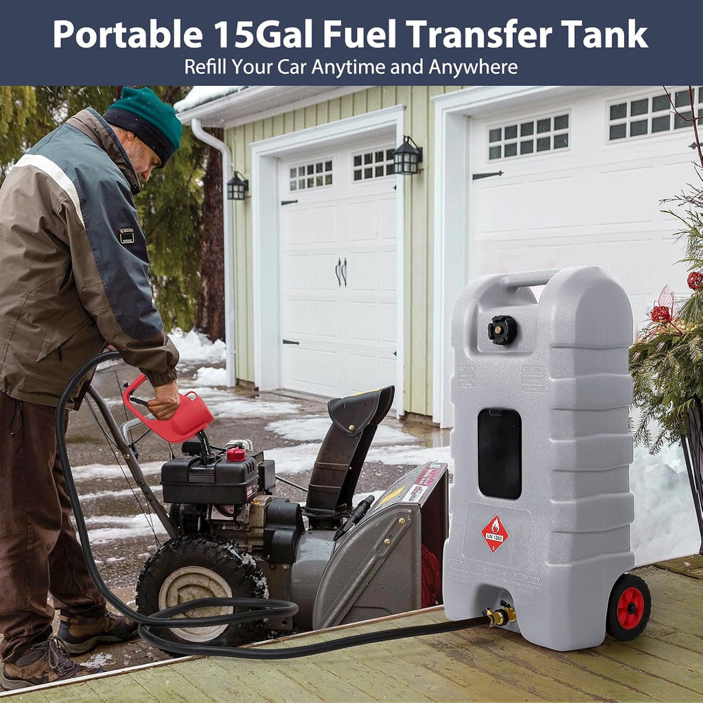 GAOMON Fuel Caddy, 15 Gallon Portable Gasoline Tank Container With Le Fluid Delivery Siphon Pump and 10ft Delivery Hose, Diesel Storage Tank On Wheels for Cars, Lawnmowers, Atvs, and Boats, Gray