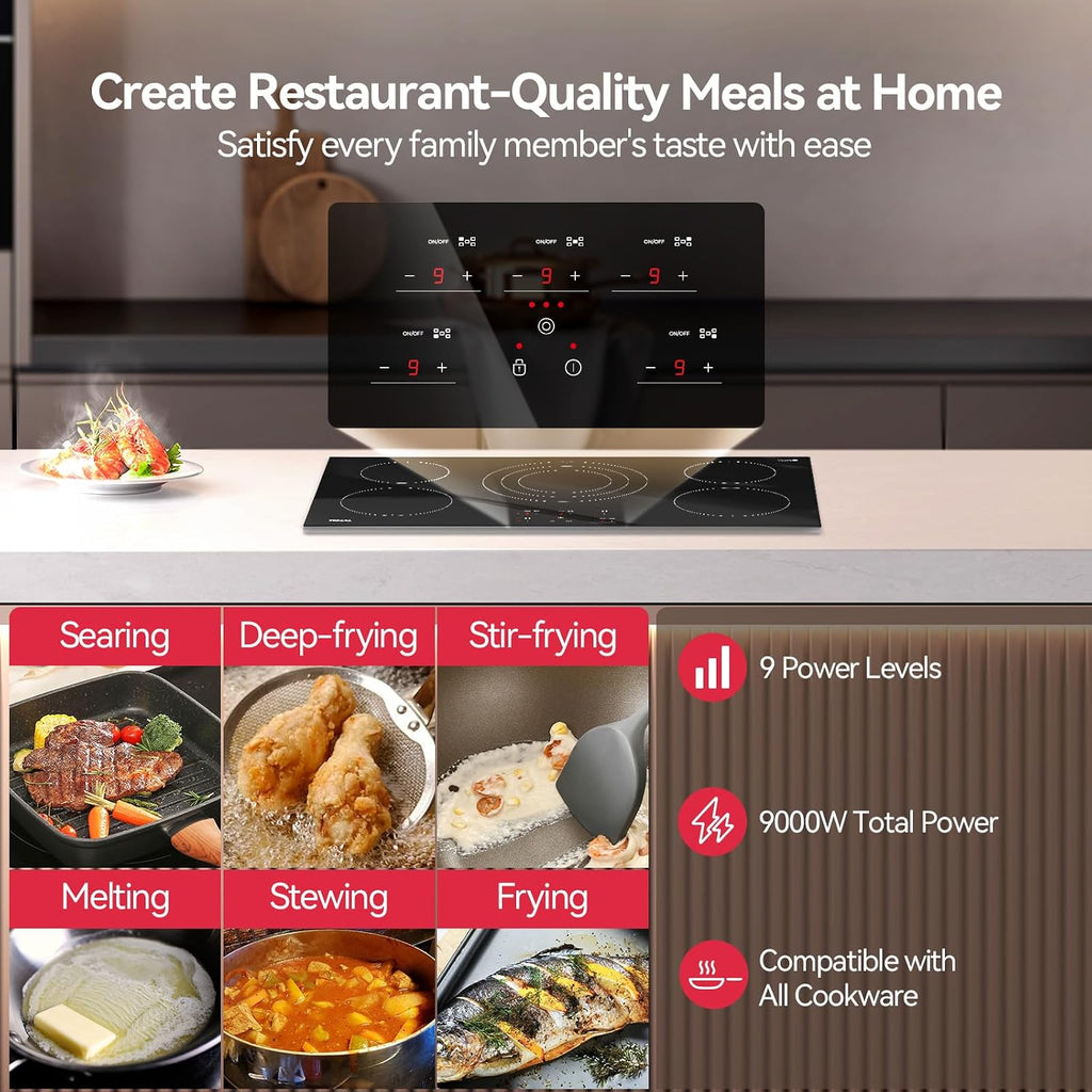 36 Inch Electric Cooktop, TECASA 9000W Radiant Electric Hob with 5 Burners, 240V Built-in Sensor Touch Control Stove Top with Child Safety Lock & Timer, 9 Heating Levels, Hard Wire (No Plug)