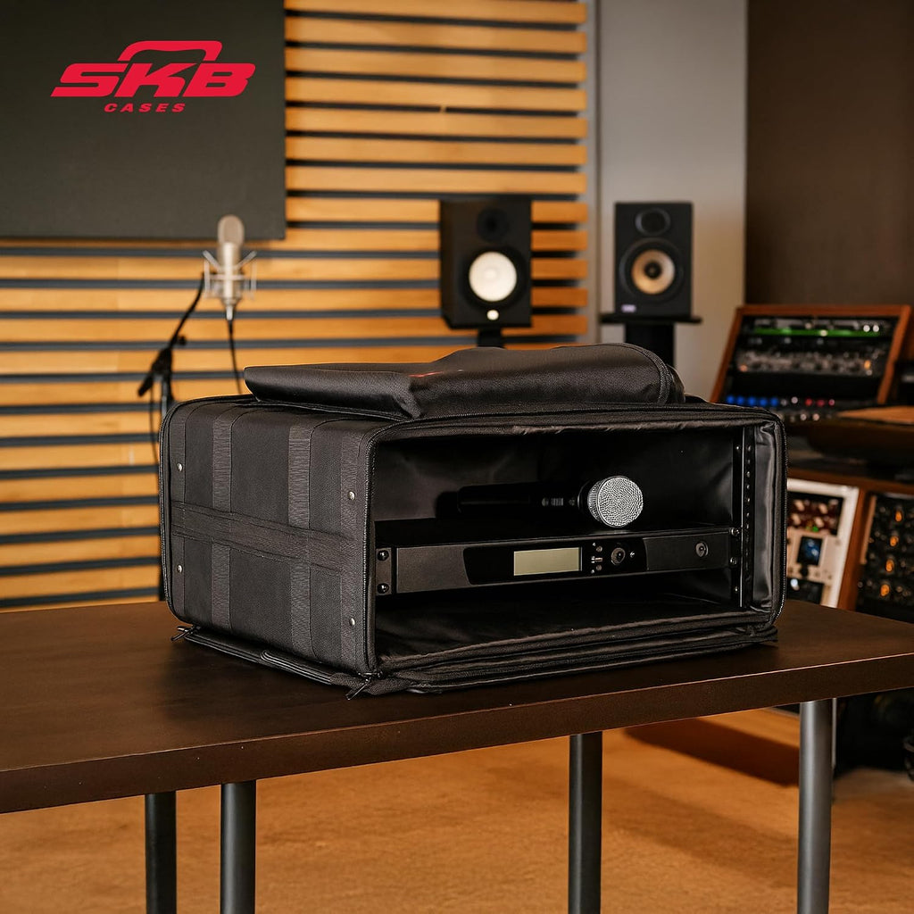 SKB Cases 4U Soft Rack Case for Wireless Microphone Systems with Steel Rails, Heavy Duty Zippers, Outer Pocket and Shoulder Straps, Black