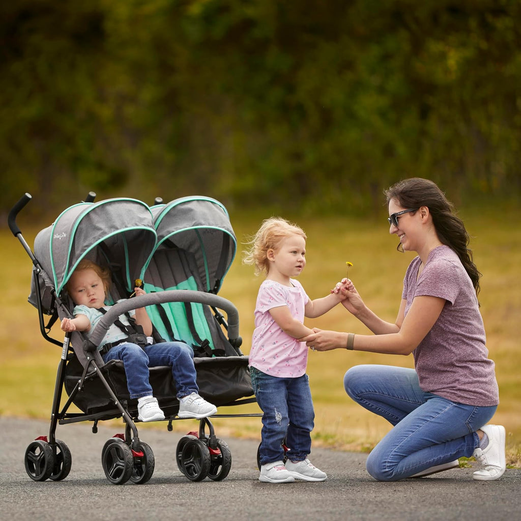 Dream On Me Volgo Twin Baby Stroller, Lightweight Side-by-Side Double Umbrella Stroller with Adjustable Canopy, 5-Point Harness, Storage Basket & Travel-Friendly Fold – Mint