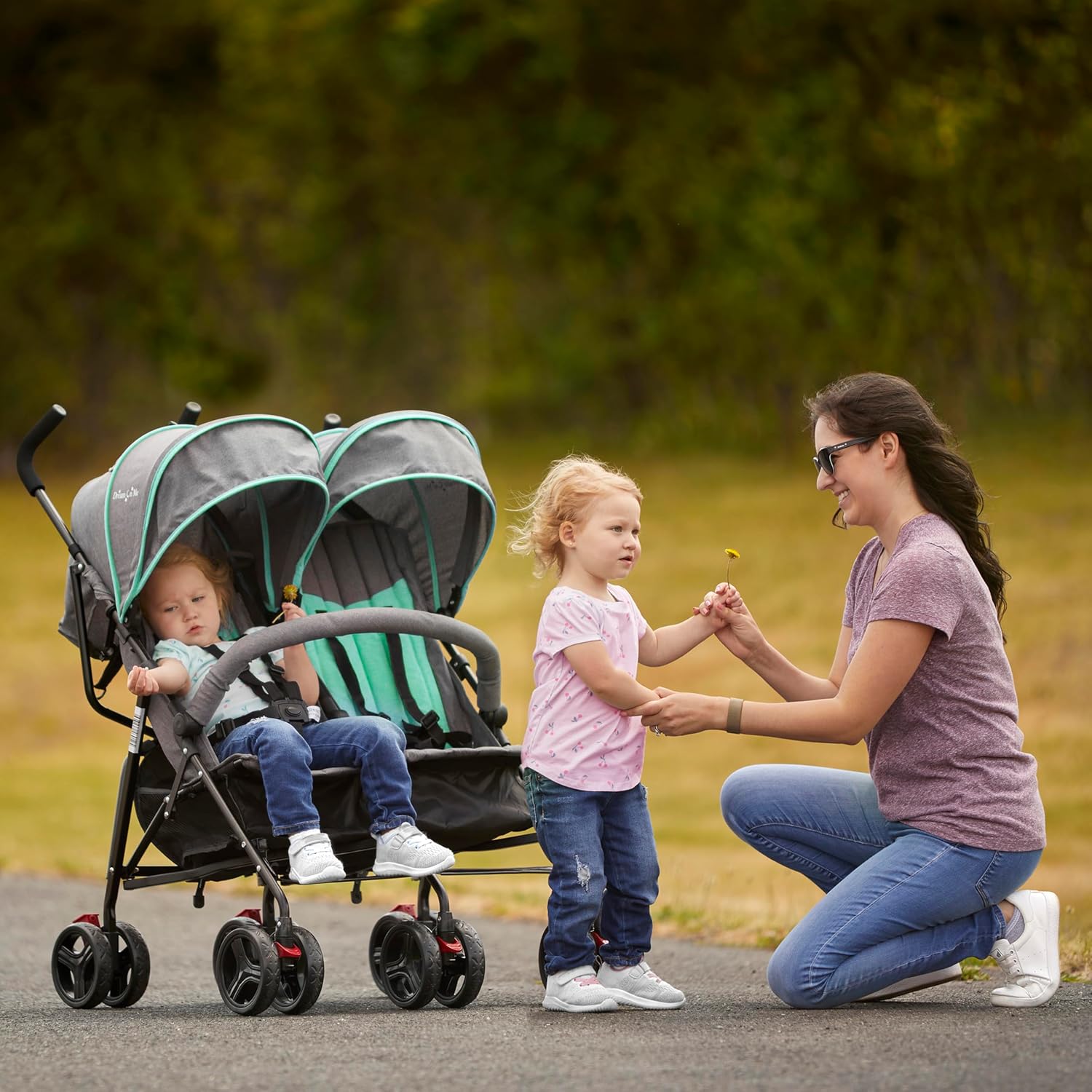 Dream On Me Volgo Twin Baby Stroller, Lightweight Side-by-Side Double Umbrella Stroller with Adjustable Canopy, 5-Point Harness, Storage Basket & Travel-Friendly Fold – Mint