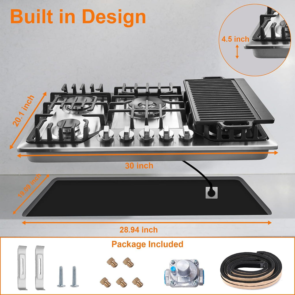 30 Inch Bulit-In Gas Cooktop with Griddle, 5 Italy SABAF Powerful Burners Over 92% High Efficiency, Max 48300BTU Gas Stove Top, 304 Stainless Steel Panel, NG/LPG Convertible, CSA Certified