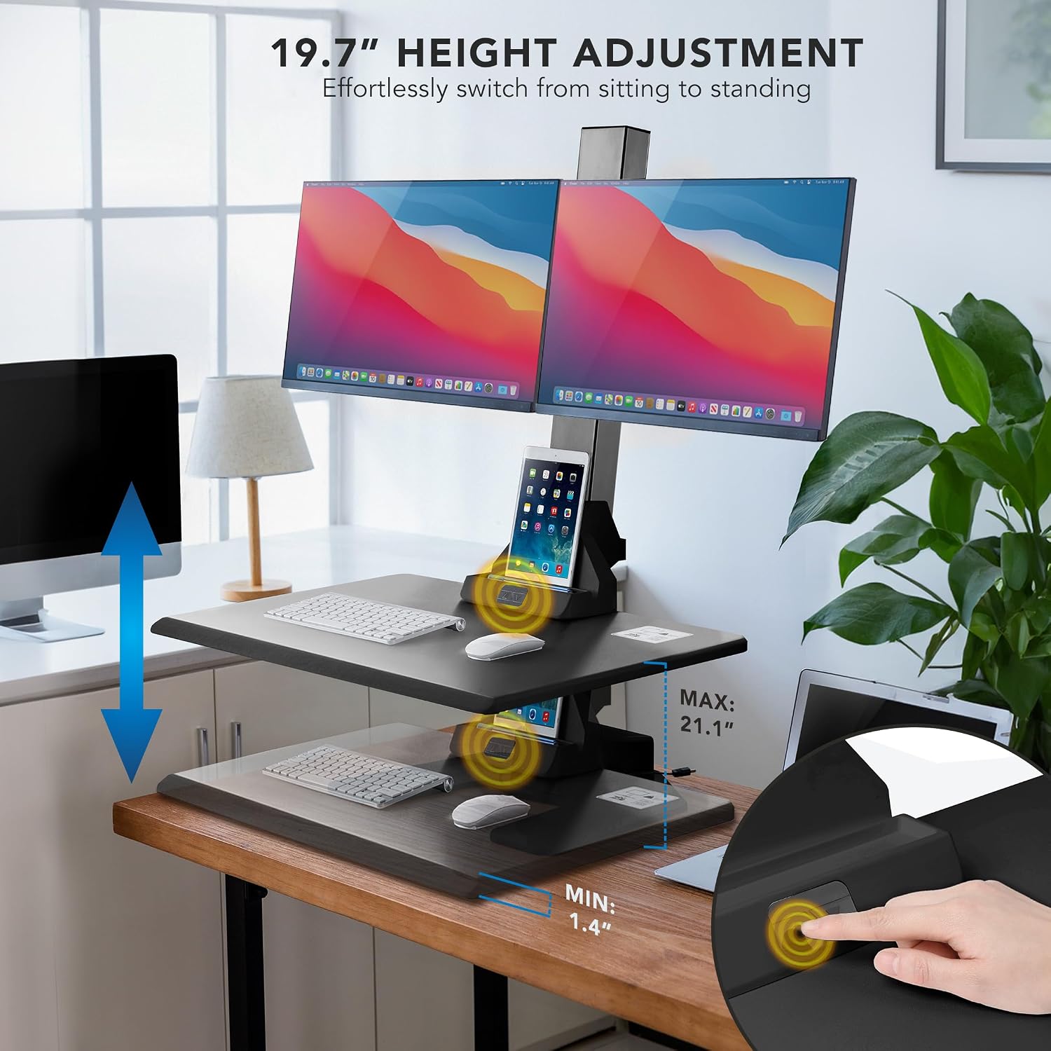 Mount-It! Double Monitor Electric Standing Desk Converter - 2 Screens Stand Up Desk Riser - Height Adjustable Desktop & 2 Mounts for Screens up to 32', Sit-Stand Convertor for Home, Office, School