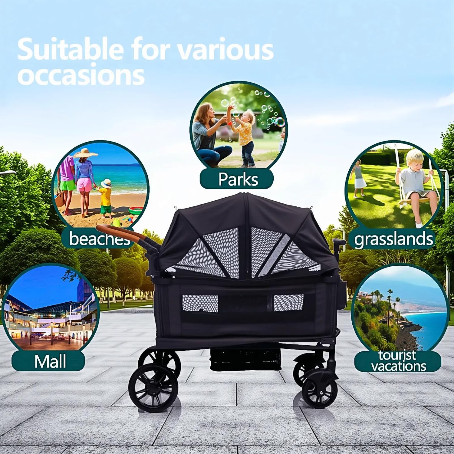 Luxury Wagon Stroller for 2 Kids & Cargo-Lightweight Foldable Travel Push Pull All-Terrain Double Wagon for Newborn&Toddler with 5-Point Harness,Adjustable Handle, Canopy,Tray Table,Cup Holder