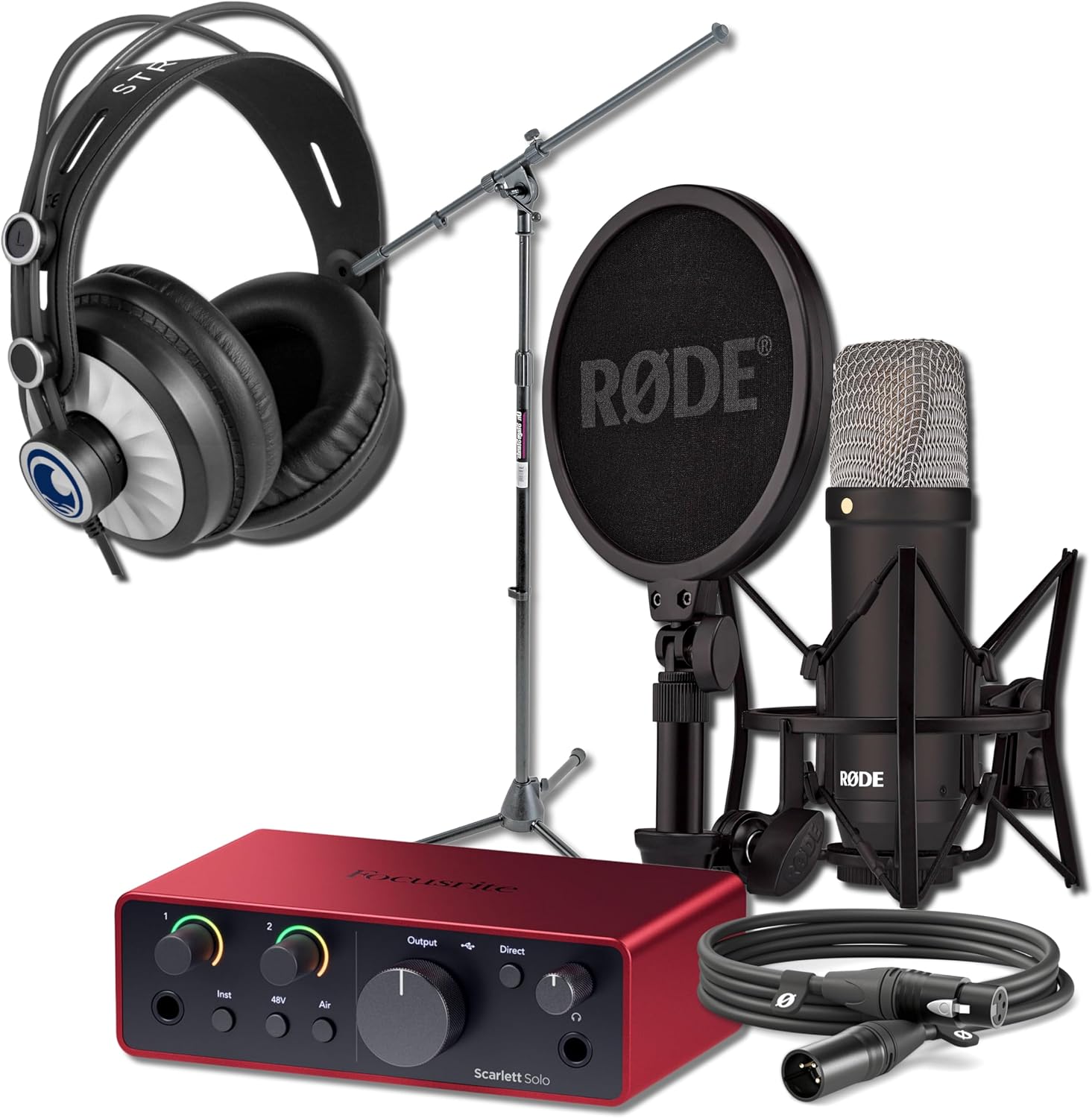 Rode NT1 Signature Series Black Recording Bundle with Focusrite Scarlett Solo Interface, StreamEye Cans50 Headphones, and On-Stage MS7701B Floor Stand — 4 dBA Self-Noise, 48V Phantom Power, Air Mode