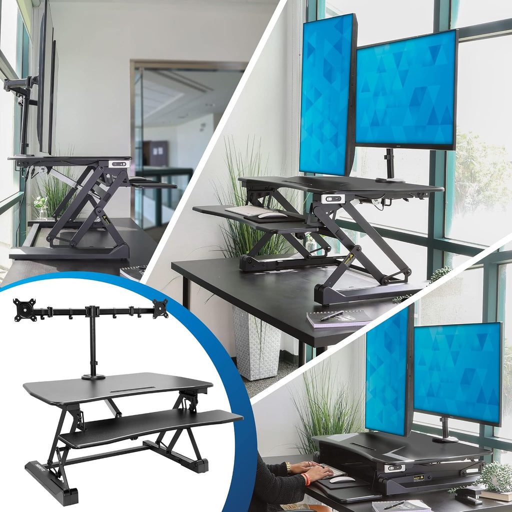 Mount-It! Electric Standing Desk Converter with Dual Monitor Arms for 2 Screens (Max 32'), Large 35.4' Wide Desktop, Motorized Stand Up Desk Riser, Keyboard Tray, USB, Black Stand up Desk Convertor