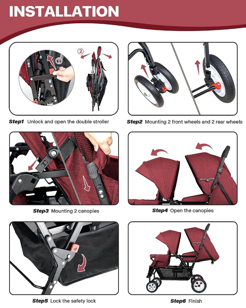 Double Stroller for Infant Toddler, Foldable Double Baby Stroller with Tandem Seating and Adjustable Backrest - Extra Gift Toys/Mosquito Net/Sleeping Mats/ 2 Cotton Pads/ 2 Hooks(Red)