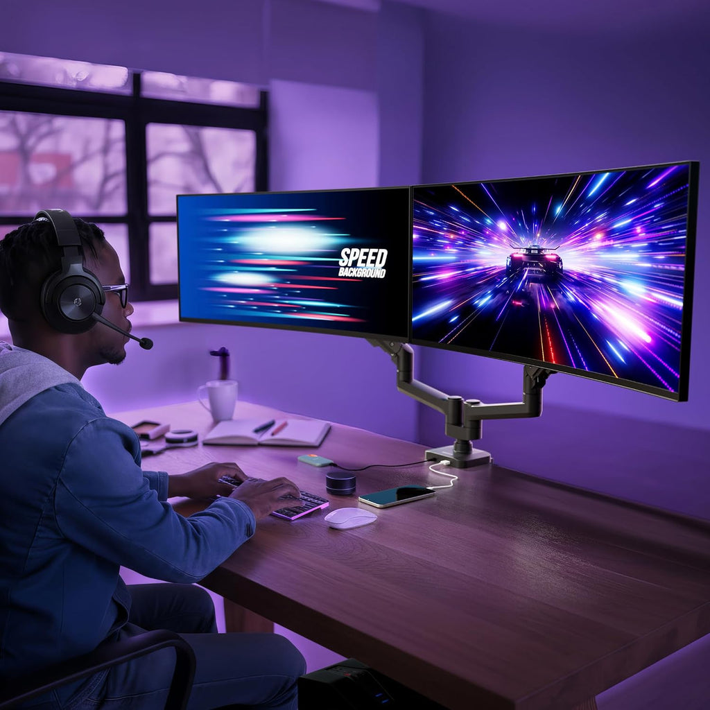 Mount-It! Proflex Series Heavy-Duty Dual Monitor Arm for 17–35' Screens, Gas Spring, Full Motion, USB-C & USB 3.0 Ports, VESA 75/100, Fits Ultrawide & Curved Displays, Clamp or Grommet Base