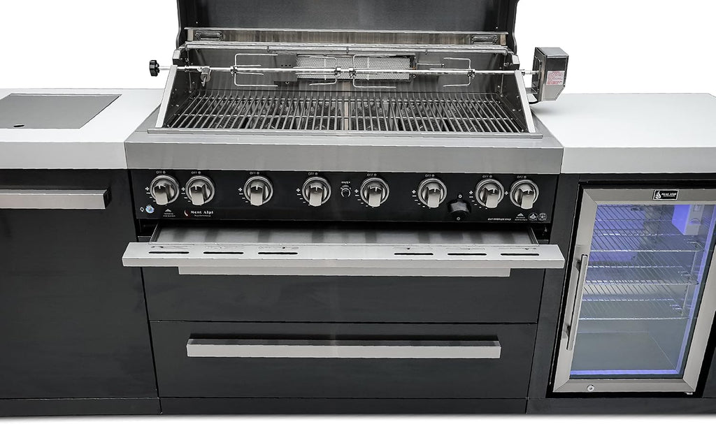 Mont Alpi Black Series Stainless Steel 94'W x 23'D Modular Outdoor Kitchen Island + Side Burner + Refrigerator + 44'W 6-Burner BBQ Gas Grill + White Granite Countertops + Storage Cabinets & Drawers