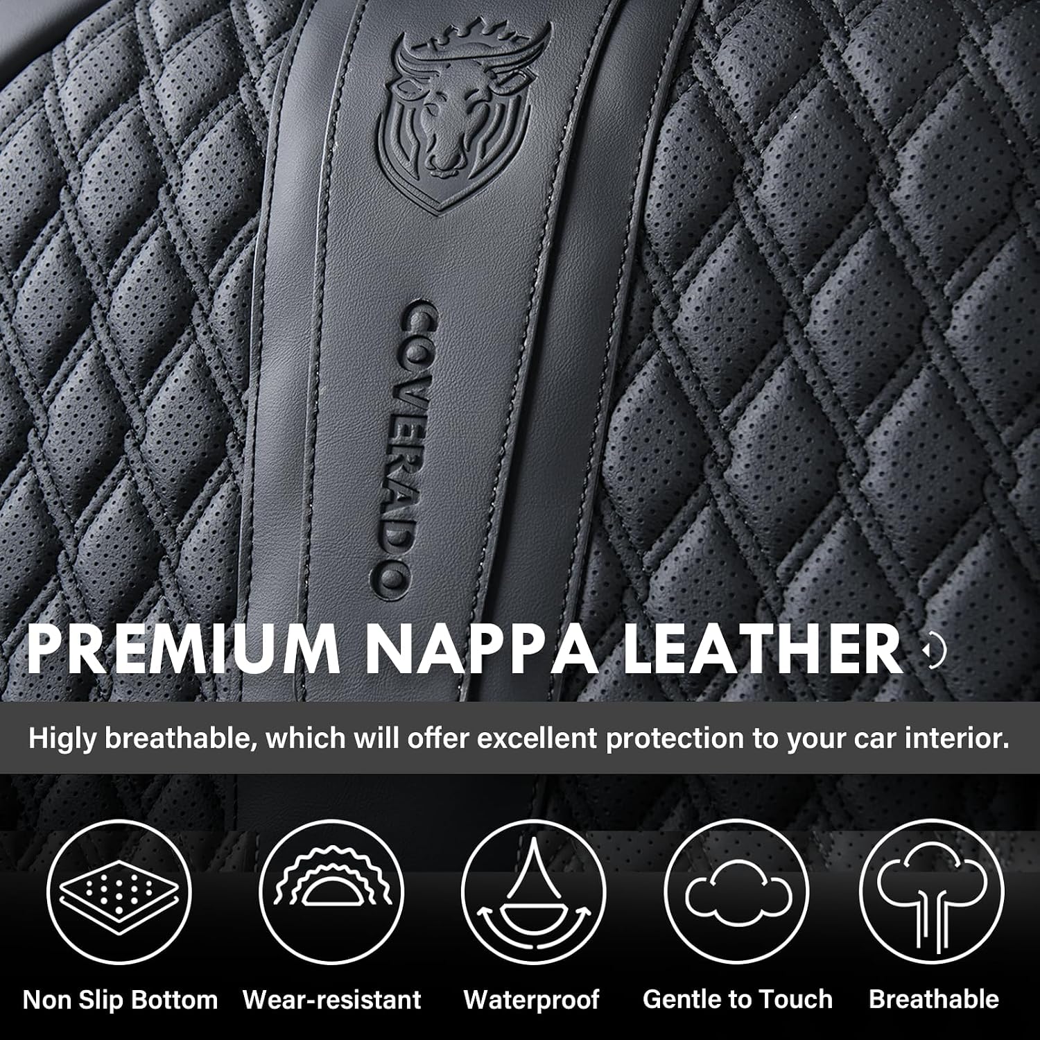 Coverado Car Seat Covers Full Set, Black Seat Covers for Car with Lumbar Support, Nappa Leather Seat Covers Waterproof Car Seat Protectors Universal Fit for Most Cars SUV Trucks