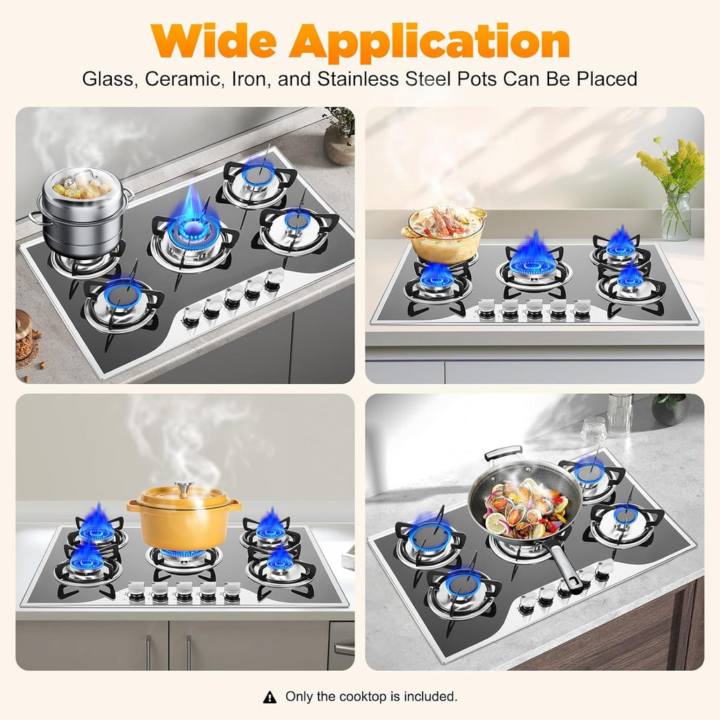 30Inch Gas Cooktop, 5 Burner Gas Stove, NG/LPG Dual Fuel Cooktops Gas Cooker, Built-In Stove Top Stainless Steel with Tempered Glass Panel, Independent Switch Control, for Home Kitchen, Restaurant