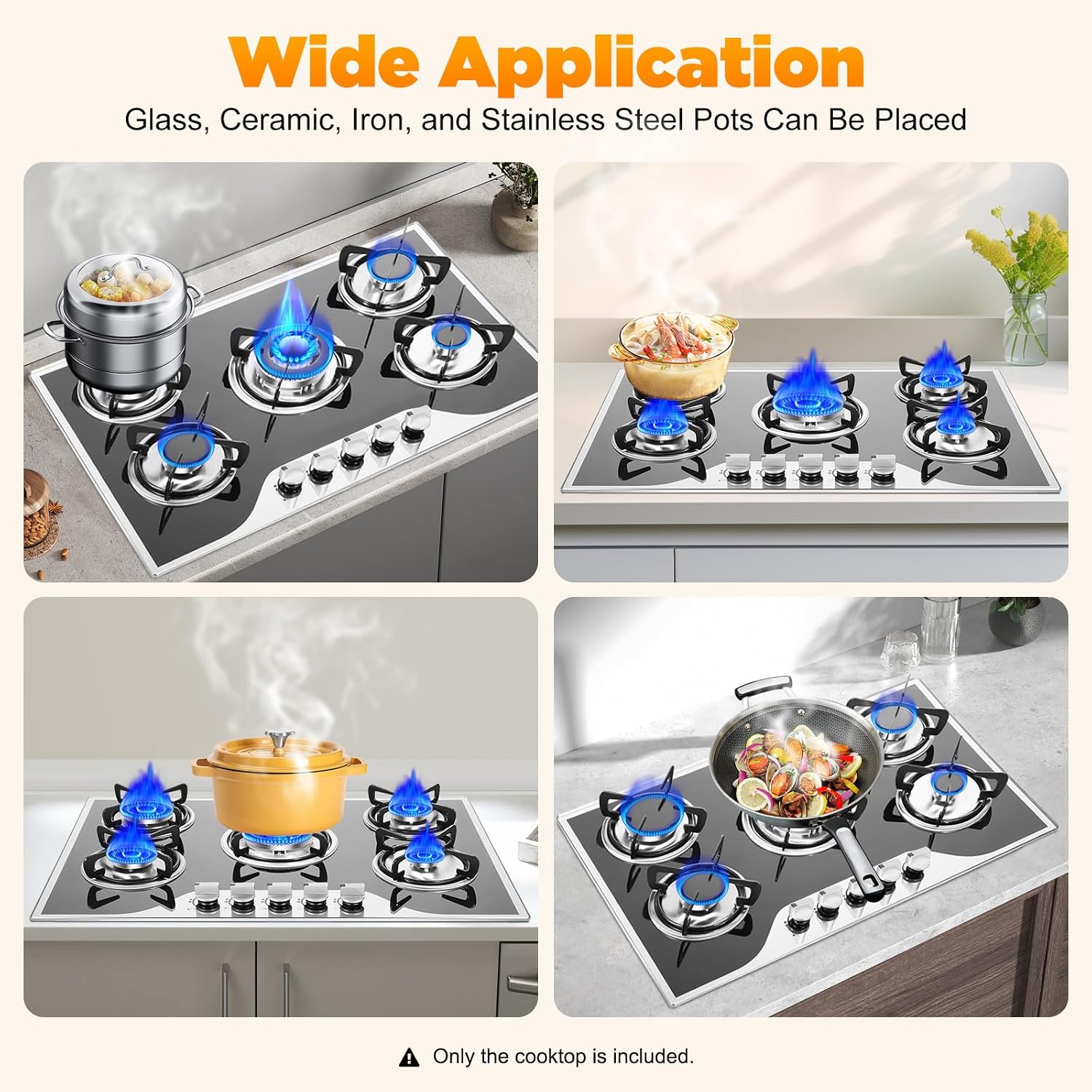 30Inch Gas Cooktop, 5 Burner Gas Stove, NG/LPG Dual Fuel Cooktops Gas Cooker, Built-In Stove Top Stainless Steel with Tempered Glass Panel, Independent Switch Control, for Home Kitchen, Restaurant