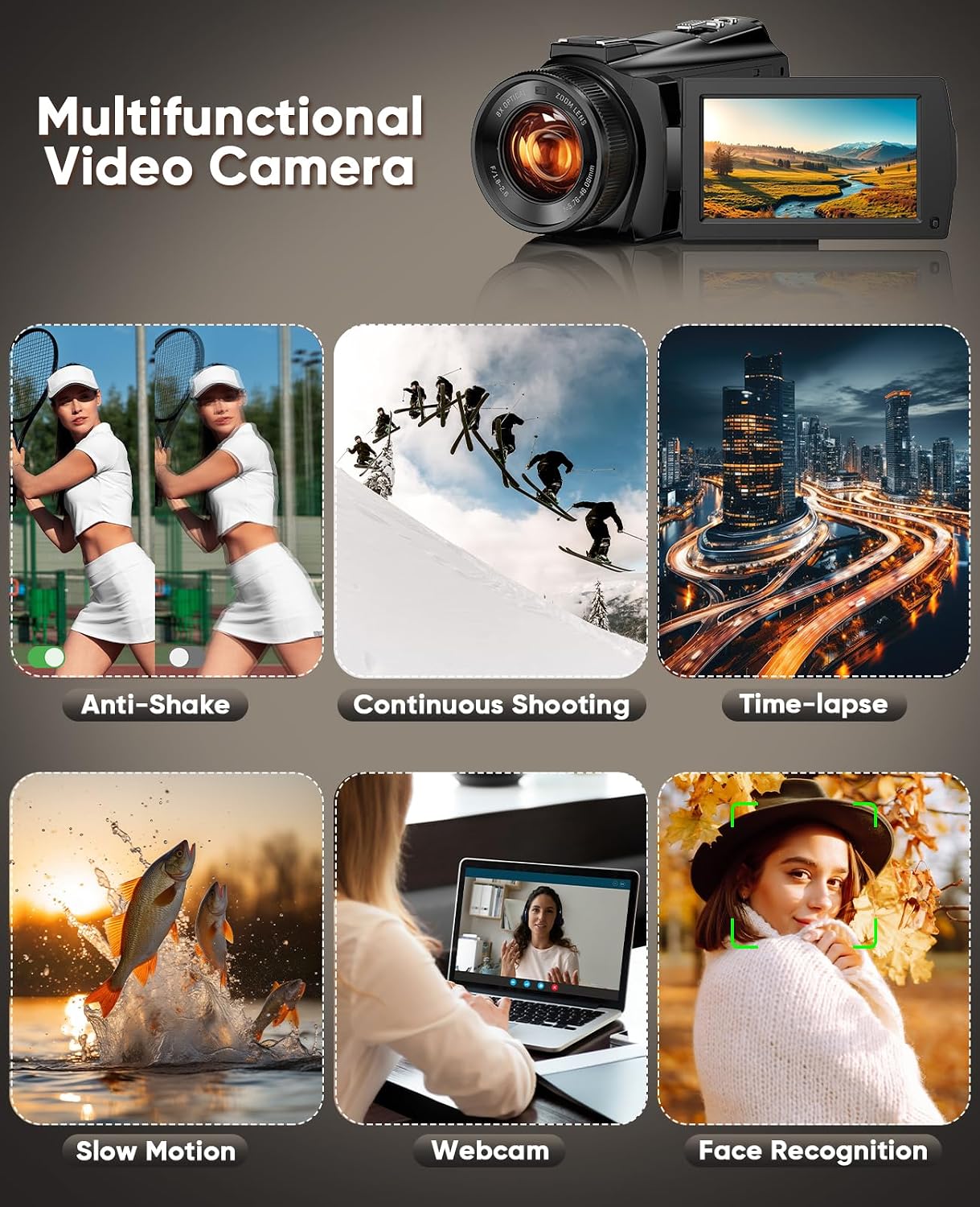 5K Video Camera Camcorder 8X Opitical Zoom Live Streaming Cameras 64MP WiFi Autofocus Vlogging Camera for Youtube with Full-color Night Vision, 3.6'' 270° IPS Touchscreen 32GB Card Video Recorder
