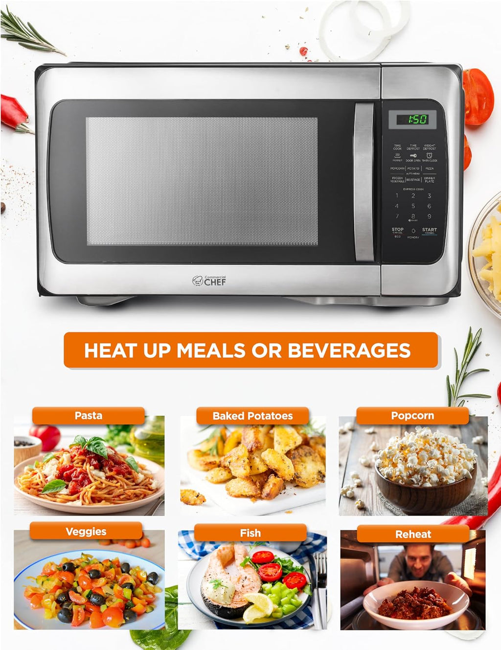 COMMERCIAL CHEF 1.1 Cu Ft Microwave with 10 Power Levels, Microwave 1000W with Push Button Door Lock, Countertop Microwave with Turntable and Digital Controls, Stainless Steel