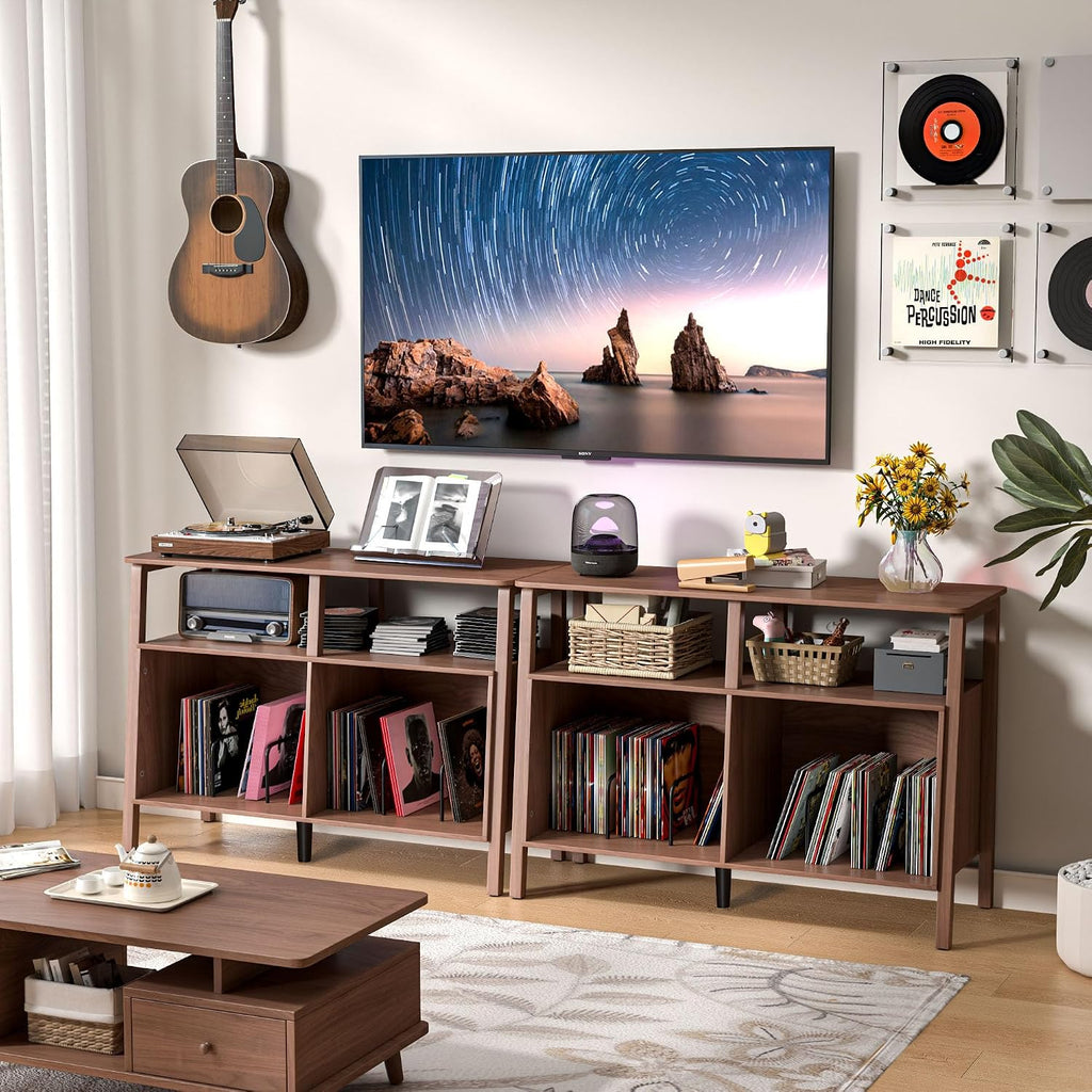 Mxtxmy Large Record Player Stand,Mid Century Turntable Stand Table with Open Storage Holds up to 300 Albums,Vinyl Record Storage Display Shelf for Living Room Bedroom (Walnut)