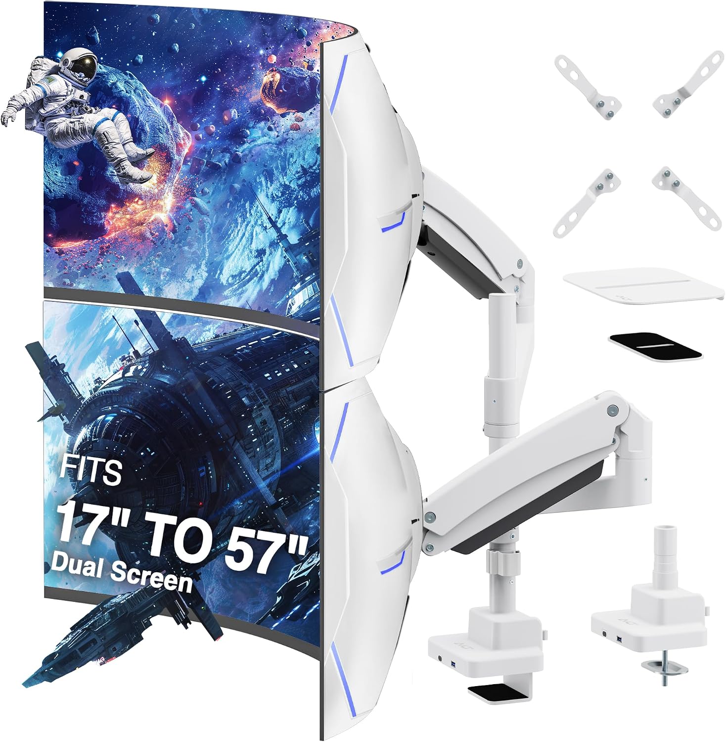 AVLT Dual 57 Inch Heavy Duty Stacking Monitor Arm Pole Top Mount with USB-C&A Ports-White, Height Adjustable, Easy Install Top C-Clamp/Grommet w/Reinforcement Plates, VESA Compatible 200/100/75