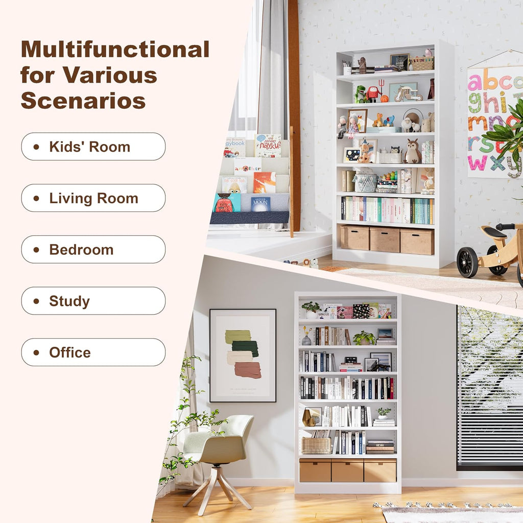 55' Media Storage Cabinet, Metal CD Storage Rack with 6 Adjustable Shelves, 7-Tier Large Stereo Cabinet for Living Room, Home Entertainment (White)