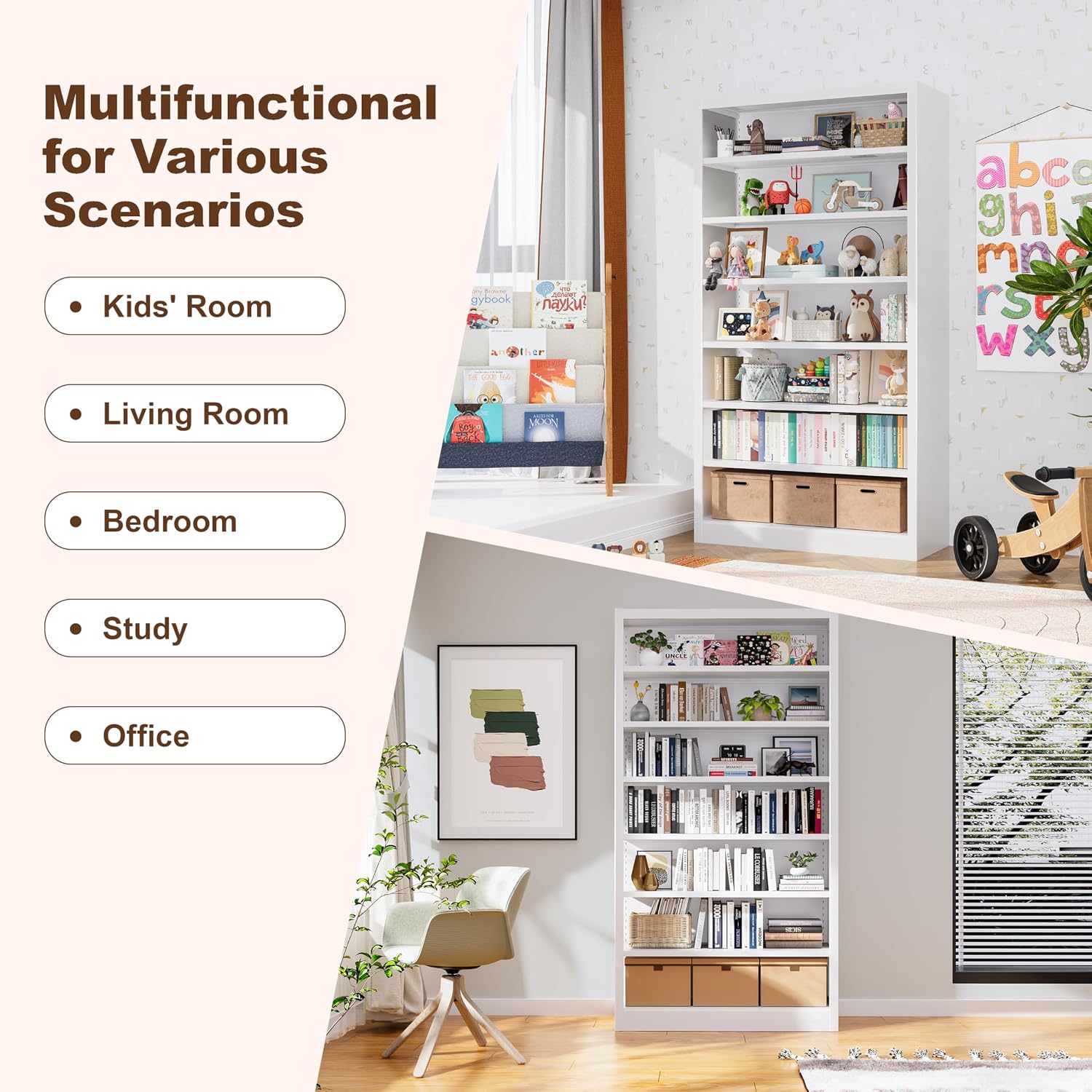 55' Media Storage Cabinet, Metal CD Storage Rack with 6 Adjustable Shelves, 7-Tier Large Stereo Cabinet for Living Room, Home Entertainment (White)