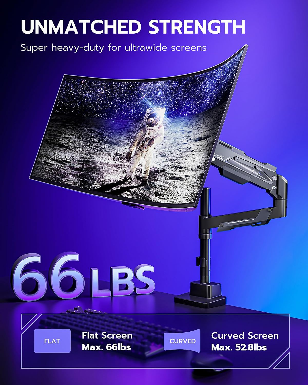 ARES WING CoreArm Single Monitor Mount, Ultrawide Monitor Arm for 24 to 57'' Heavy Duty Curved Screen, Adjustable Gas Spring Monitors Arm Stand up to 66LBS with 75/100/200 Vesa Mount, Black