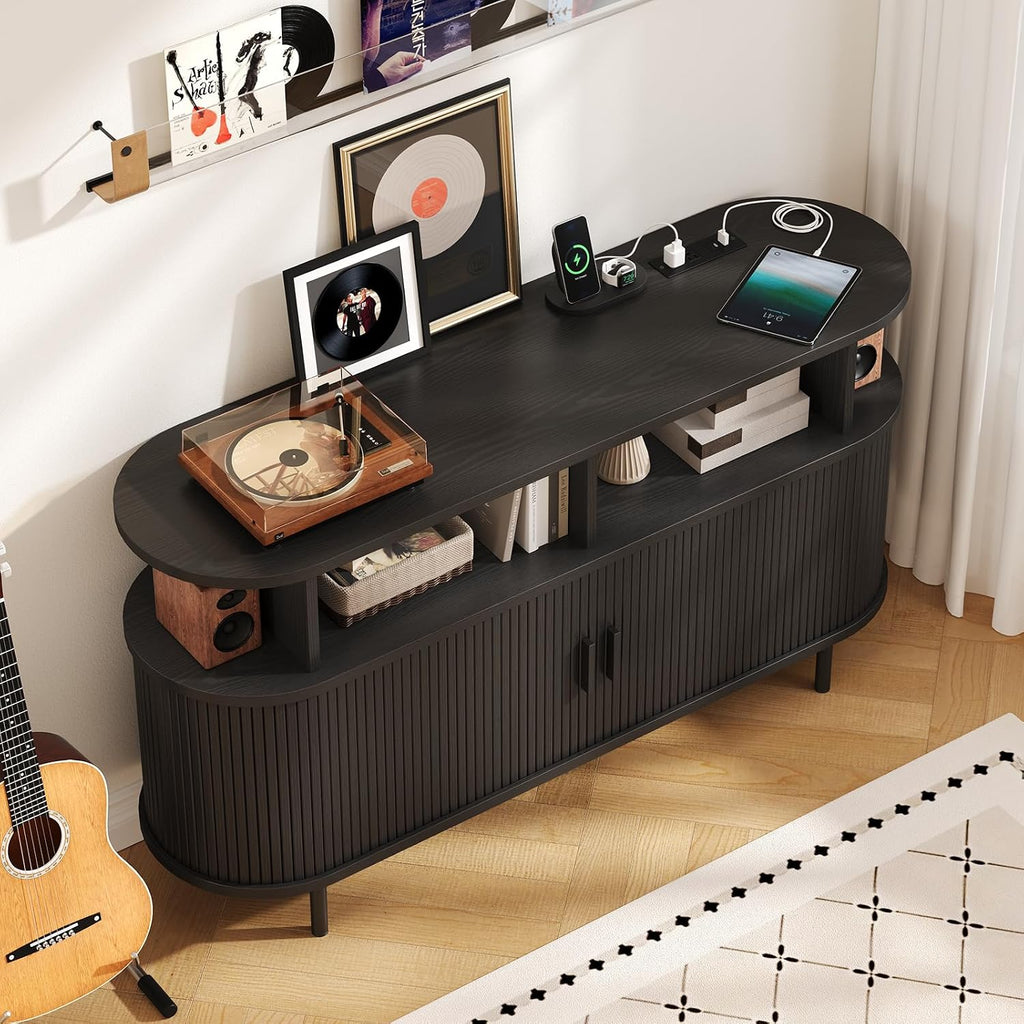 55' Large Round Record Player Stand with Charging Station, Vinyl Record Storage Cabinet, Mid Century Modern Turntable Stand with Open Shelves Holder for Bedroom Living Room, Sliding Doors (Black)