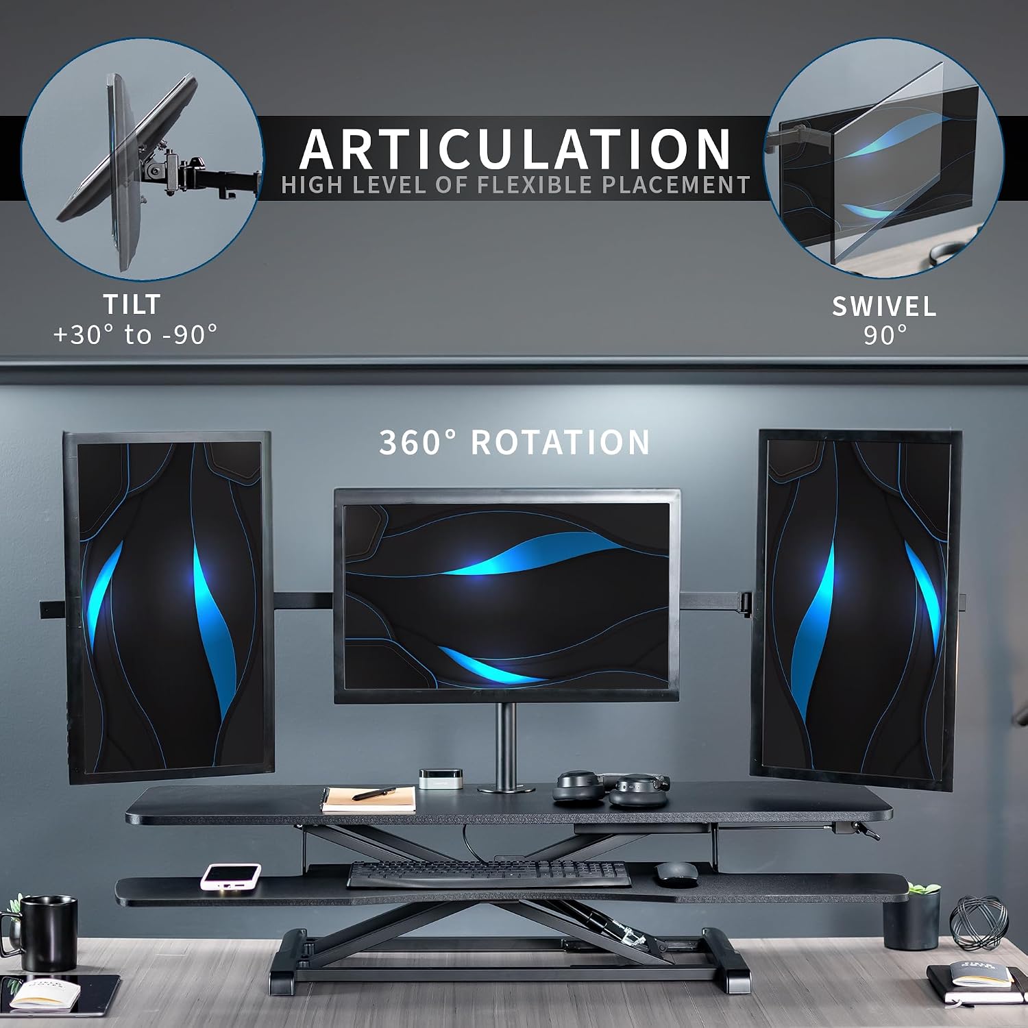 VIVO Height Adjustable 48 inch Standing Desk Converter with Triple 21.5 to 27 inch Monitor Mount, Extra Large Desk Riser, Black, DESK-KIT-48KB3C