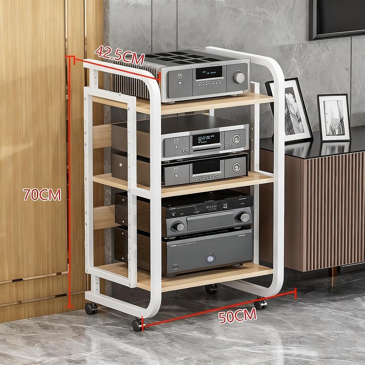 HiFi Rack Audio Cabinet for Media Component with Wheels and Adjustable Wooden Shelves Sturdy Storage Rack for Record Player, TV Box, Amplifier(White,50x42.5x70cm)