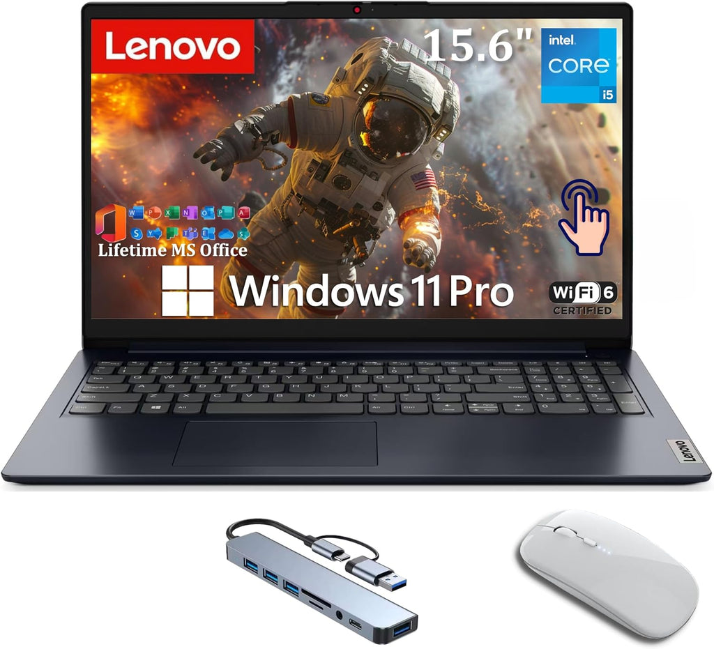 Lenovo IdeaPad 1i Laptop, 15.6' FHD Touchscreen, Intel Core i5-1335U Processor, 16GB RAM 512GB SSD, Windows 11 Pro, MS Office Lifetime with Copilot AI, Wi-Fi 6, HDMI, 8-in-1 HUB & Mouse, Blue