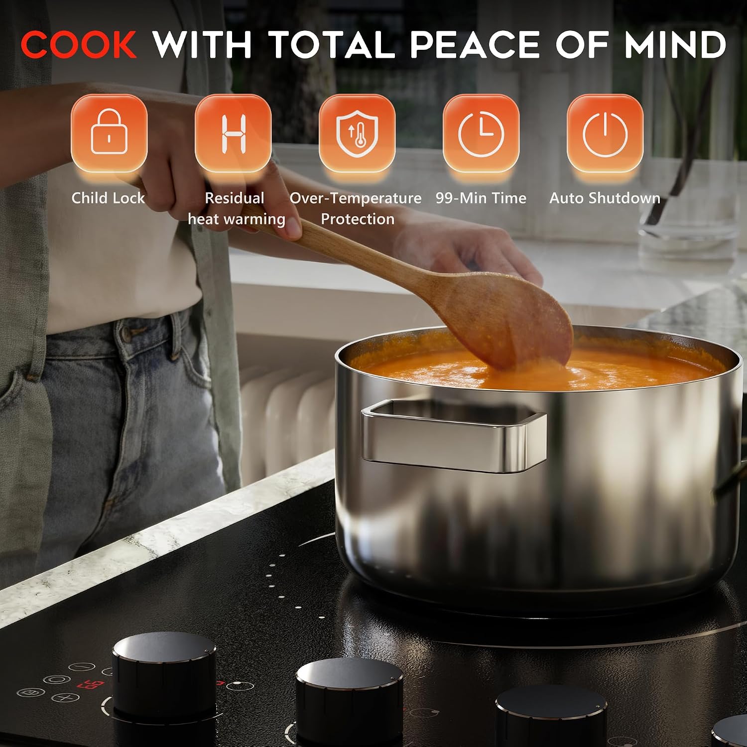 Electric Cooktop 30 Inch Hobsir, 4 Burner Electric Stove Top 6700W, Dual-Ring Burner & Oval Burner, 9 Power Level, 30 Inch Cook top with Safety Lock, Timer, Black Knob