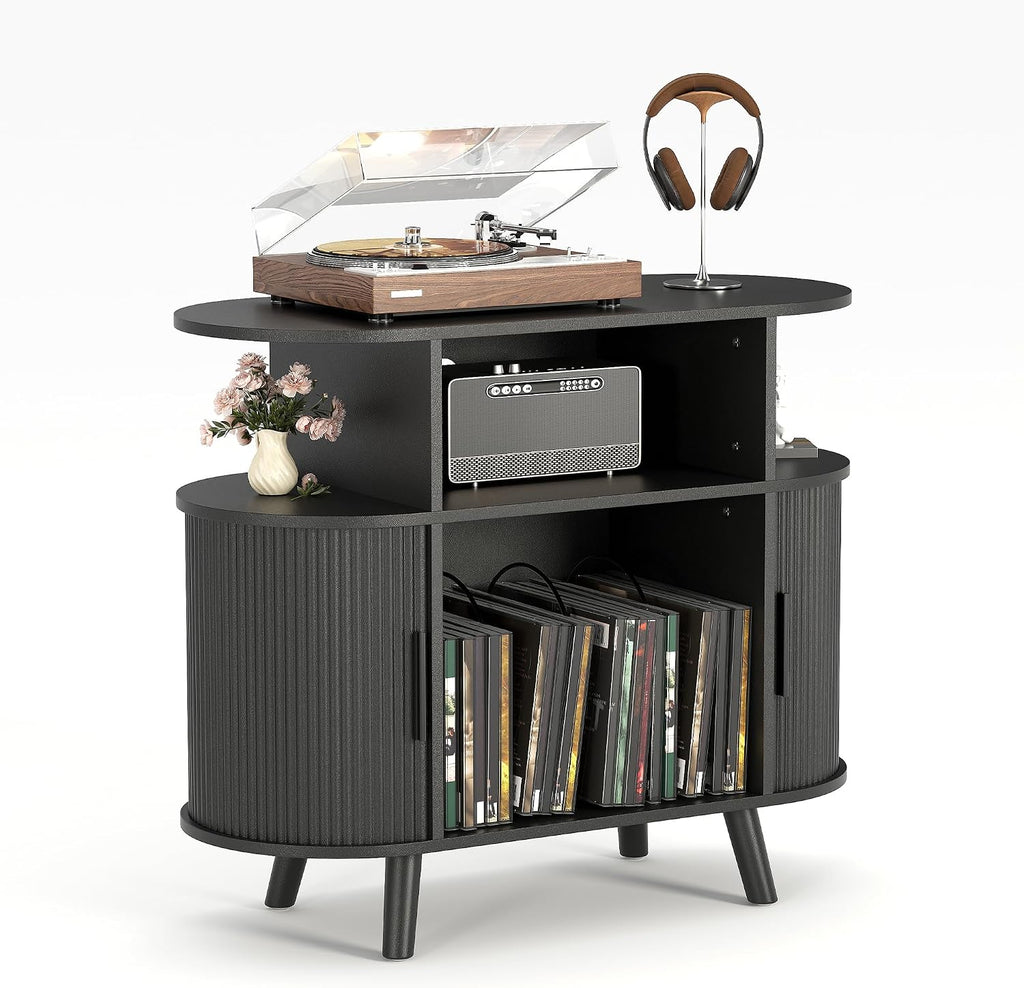 Garvee 35'' Fluted Mid Century Modern Turntable Cabinet, Large Round Record Player Stand with Charging Station and Display Shelf, Arched Wood Record Player Table for Living Room