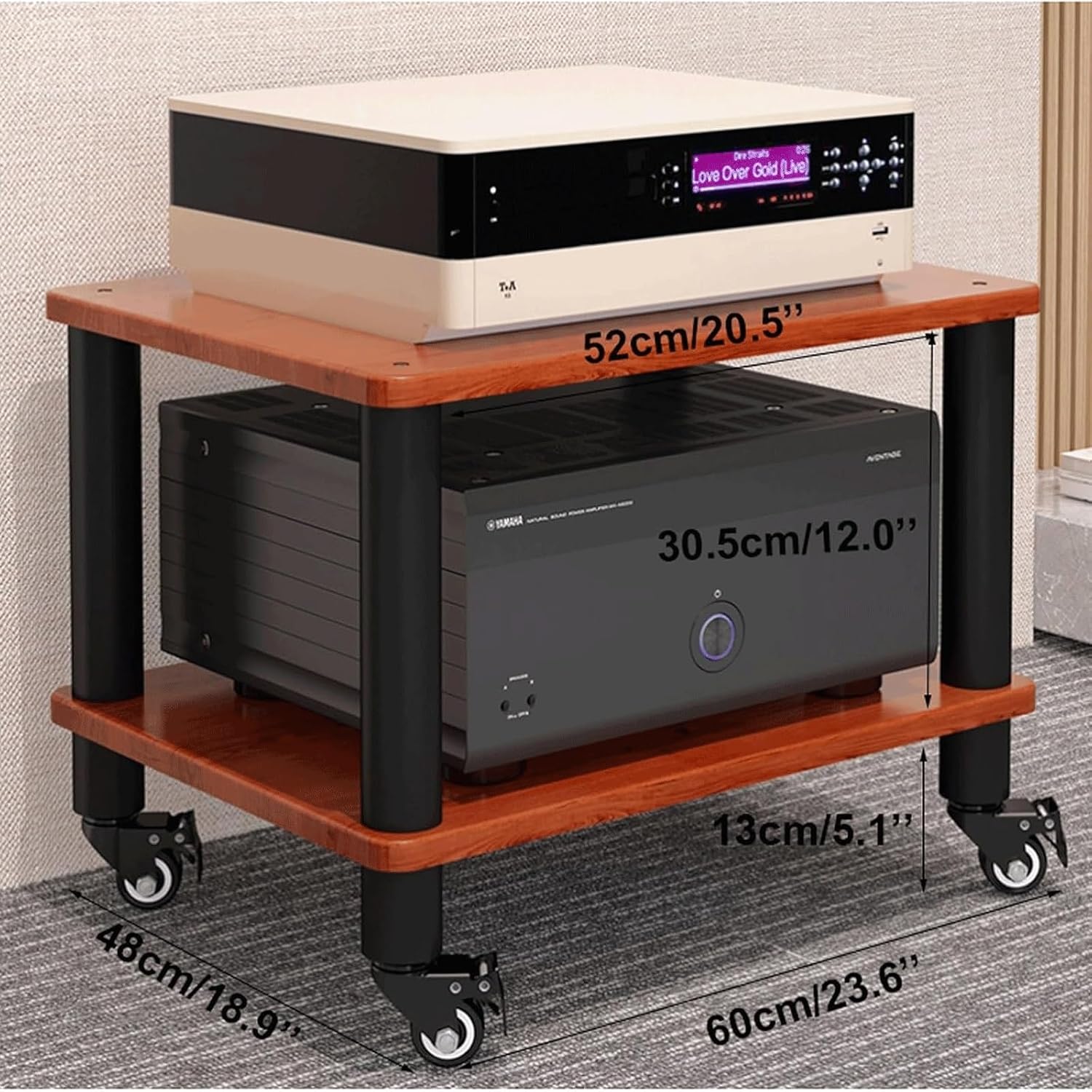 Audio Rack Stereo Rack Wooden Audio Equipment Rack Audio Open Rack Cabinet HiFi Rack Audio-Video Shelving with Wheels Movable(Nero,2 Tier)