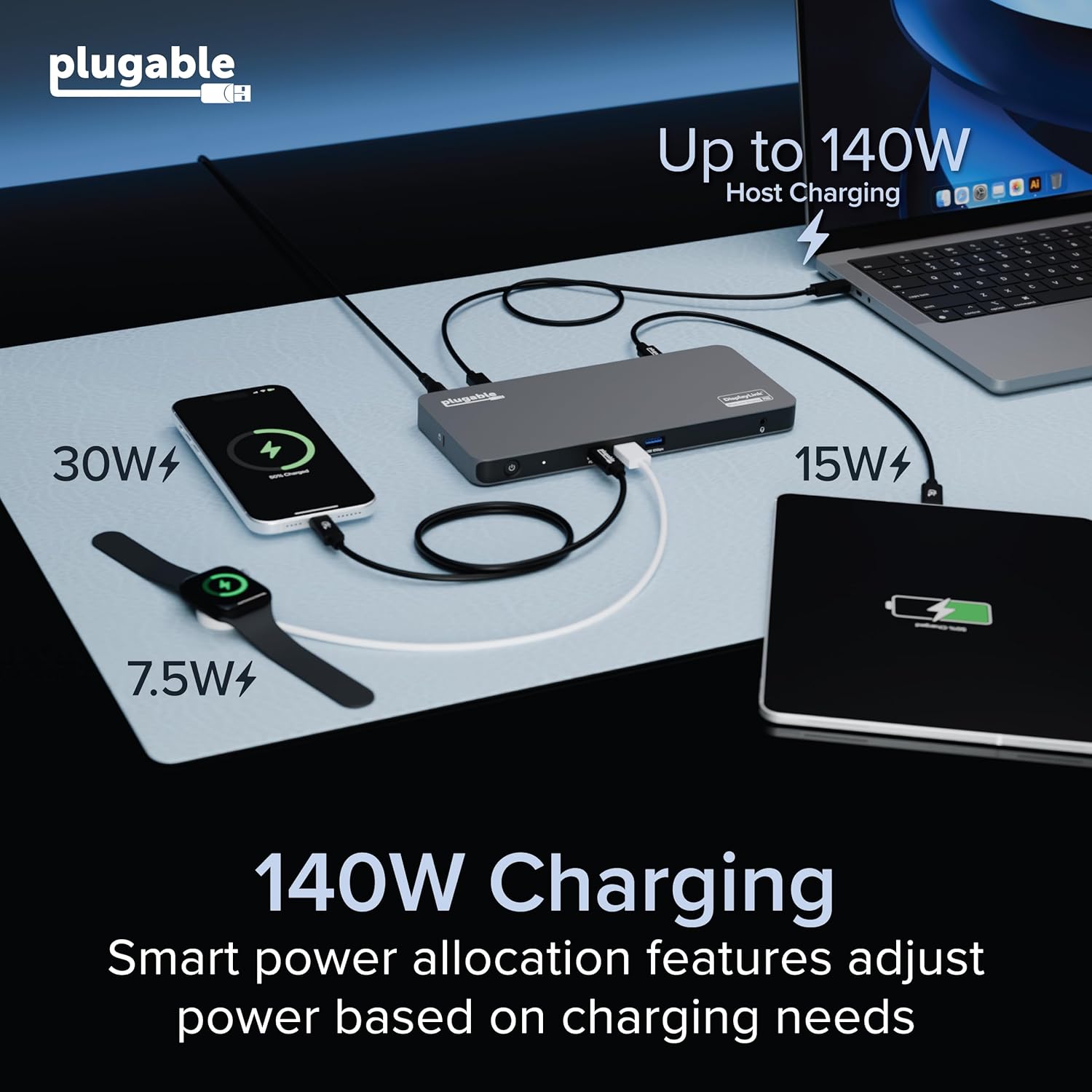 Plugable USB C Docking Station 5 Monitors, 140W DisplayLink Dock Connects up to Five 4K Displays for MacBook Windows Thunderbolt 4 Laptops, 2X HDMI, 3X USBC 2.5Gbps Ethernet, Driver Required DL7400