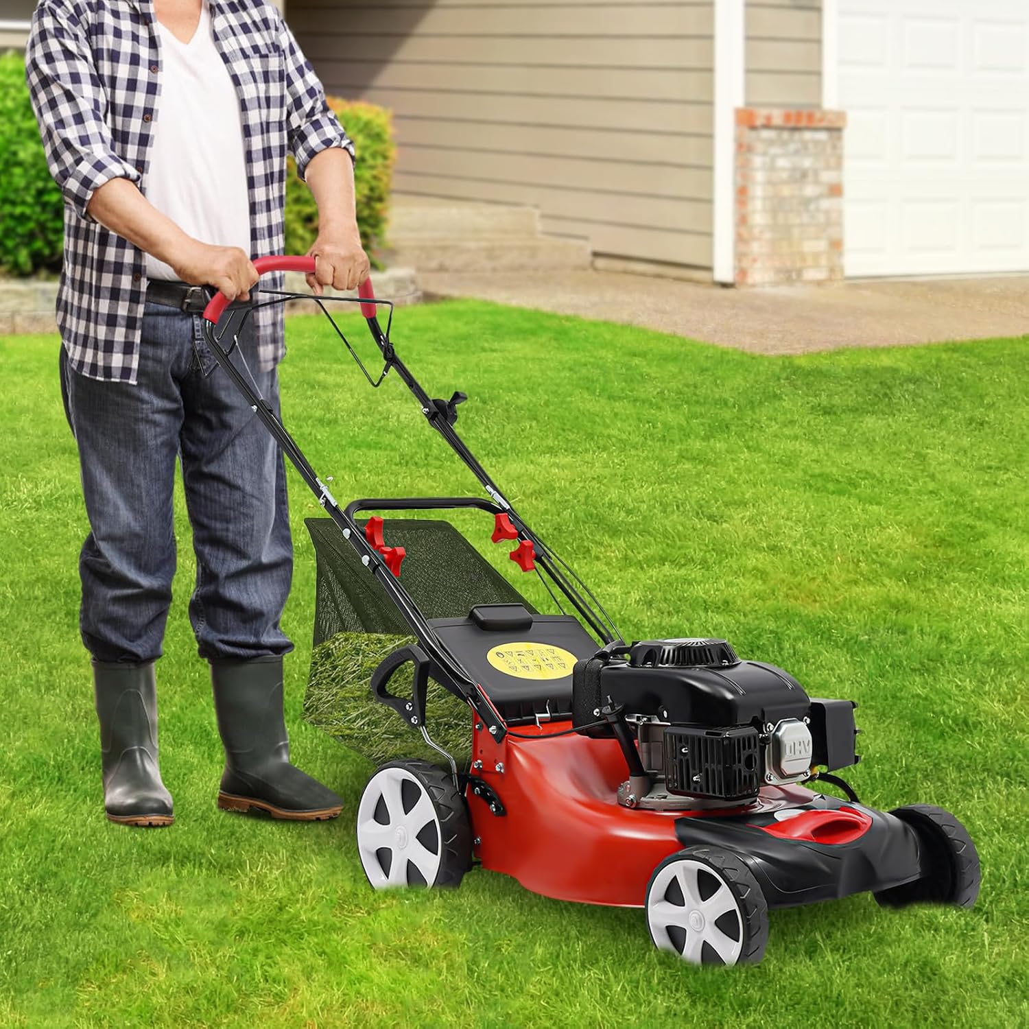 Self Propelled Gas Lawn Mower, 140cc 4-Stroke 4000W 20.5 in High Wheel Lawnmower Gas Walk Behind Handle Lawn Mower with 60L/15.85gallon Capacity Bag &8 Position Height Adjustable for Lawn Weeding