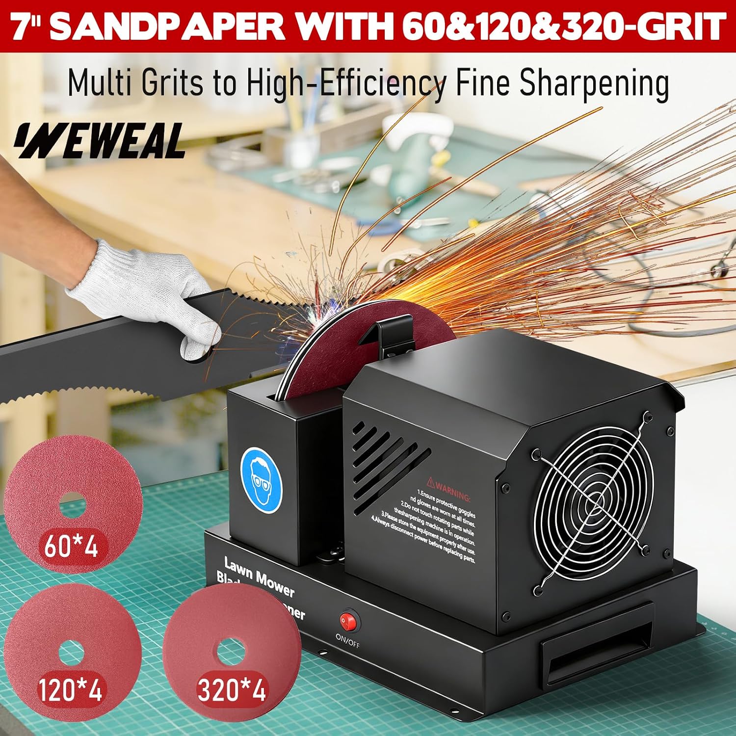 Lawn Mower Blade Sharpener Machine, 7' Bench Grinder with Ceramic Wheel & Sanding Kit, Heavy Duty Blade Sharpening Tool for High Lift, Low Lift, Gator & Flat Blades