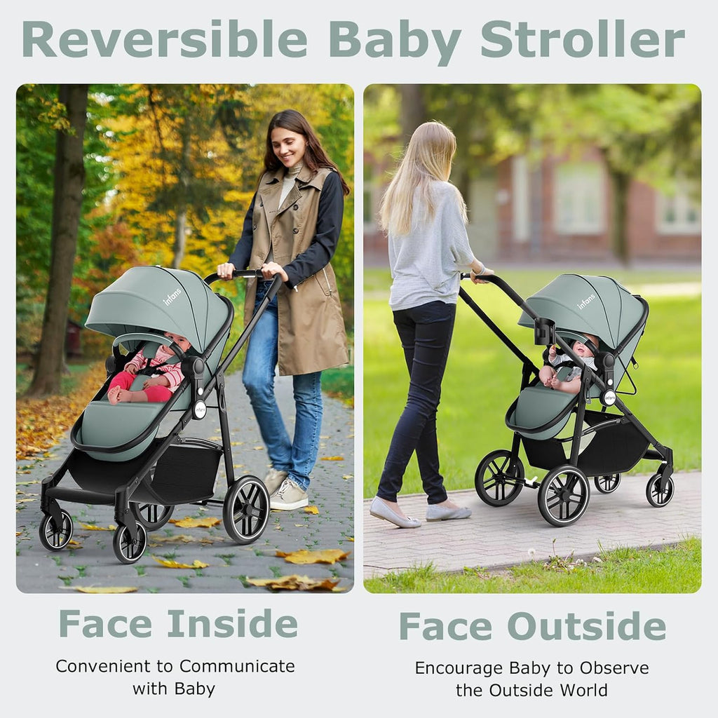 INFANS 2 in 1 Baby Stroller, High Landscape Infant Stroller & Reversible Bassinet Pram, Foldable Pushchair with Adjustable Canopy, Cup Holder, Storage Basket, Suspension Wheels (Green)