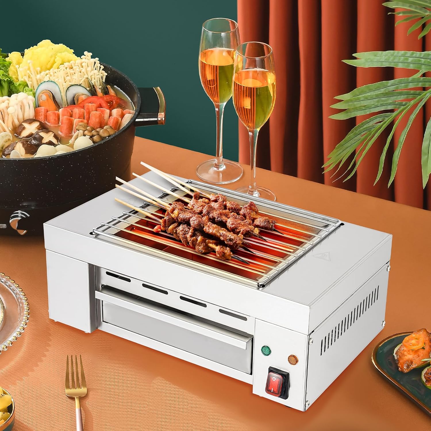 1500W Electric Indoor Searing Grill Commercial Korean BBQ Grill with Removable Grill Mesh & 5 Heating Tubes Barbecue Clip, Indicator Light for Cafe Restaurant Party Buffet(32-446 ° F)