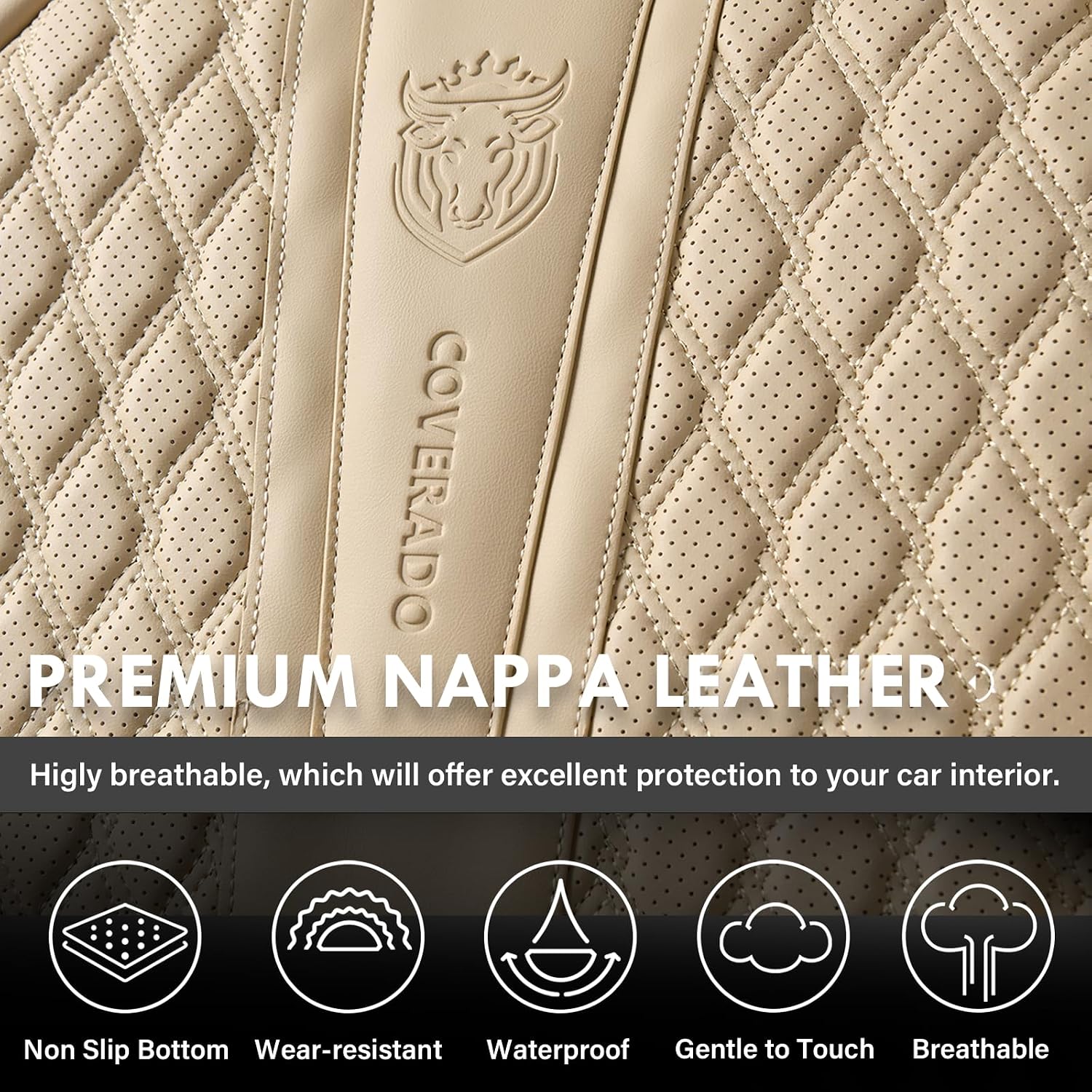 Coverado Car Seat Covers Full Set, Nappa Leather Seat Covers for Car, Waterproof Car Seat Protector with Lumbar Support, Automotive Seat Covers Universal Fit for Most Cars SUV Trucks (Beige)