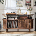 LELELINKY Large Round Record Player Stand with Charging Station & Fluted Panel, Brown Mid Century Modern Turntable Cabinet with Vinyl Storage, Arched Wood Record Player Table for Living Room