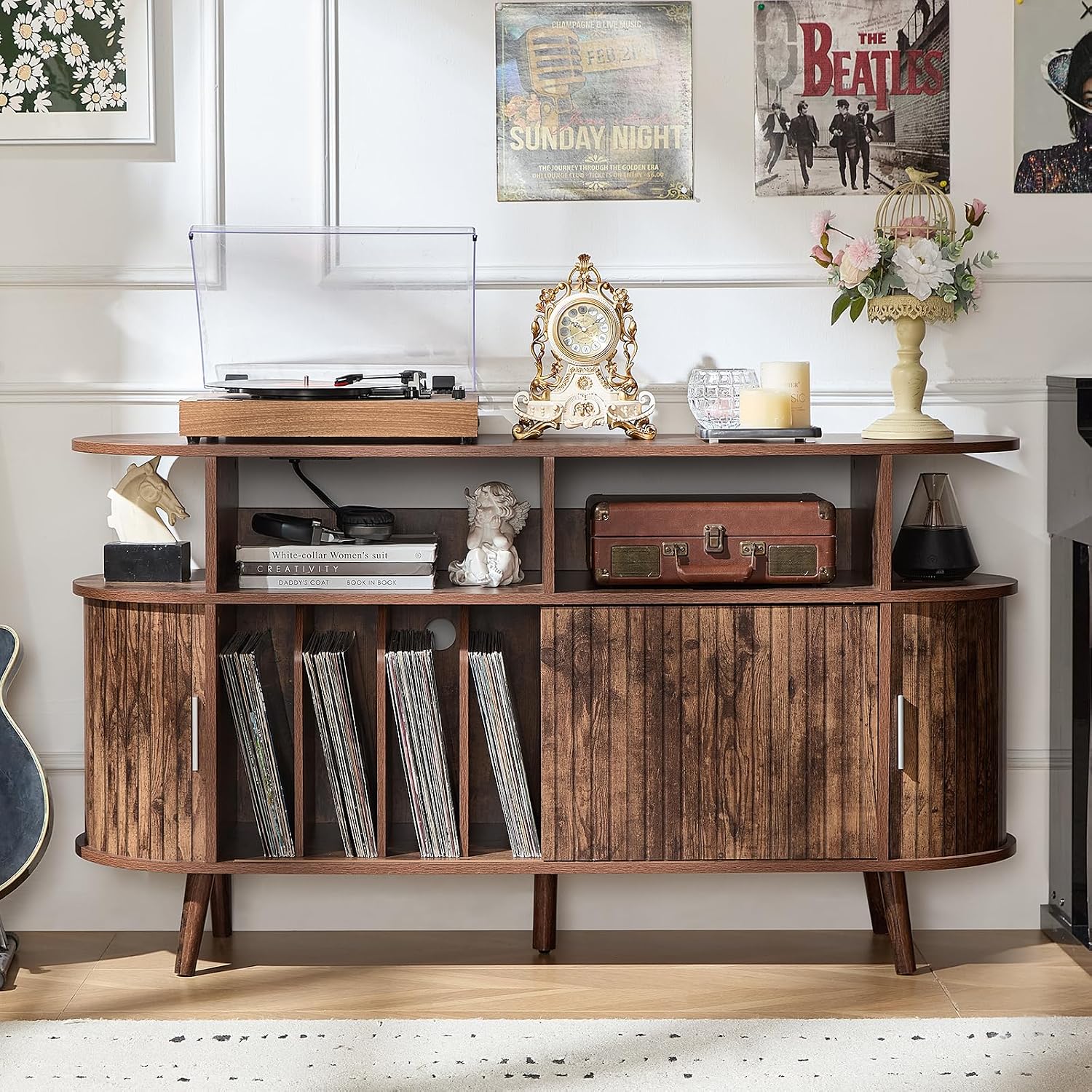 LELELINKY Large Round Record Player Stand with Charging Station & Fluted Panel, Brown Mid Century Modern Turntable Cabinet with Vinyl Storage, Arched Wood Record Player Table for Living Room
