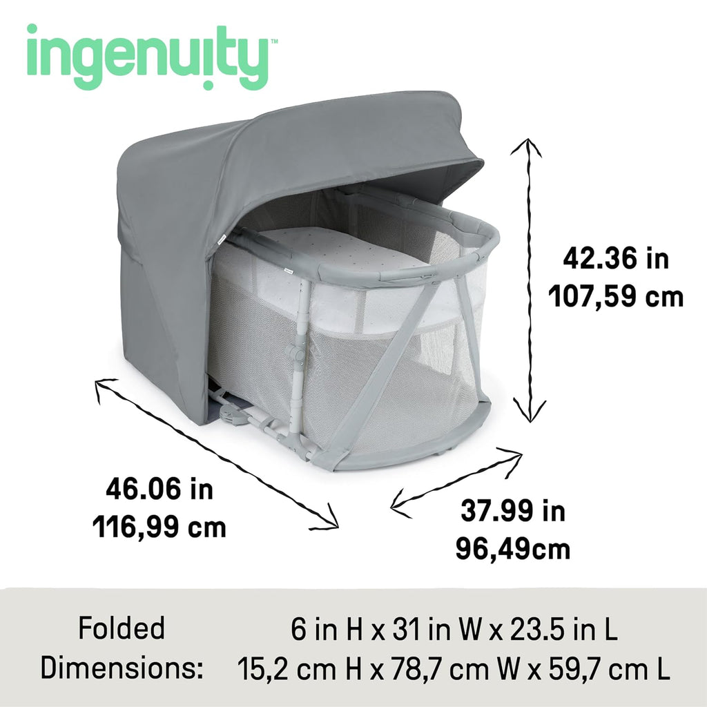 Ingenuity Dream Retreat 3-in-1 Portable Bassinet & Playard, Easy 3-Step Fold, Includes Indoor Outdoor UPF 50+ Light Blocking Shade, Mattress, & Sheet, 0-36 Months - Neutral