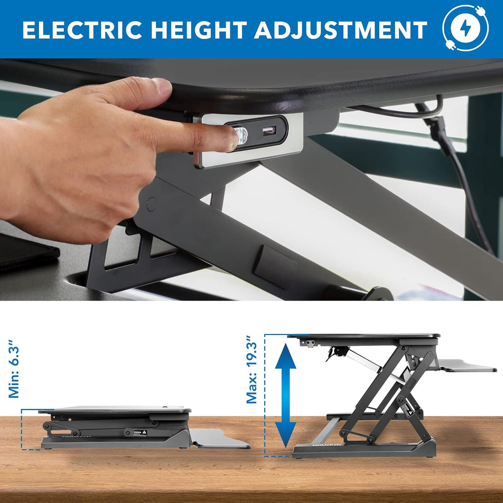 Mount-It! Electric Standing Desk Converter with Dual Monitor Arms for 2 Screens (Max 32'), Large 35.4' Wide Desktop, Motorized Stand Up Desk Riser, Keyboard Tray, USB, Black Stand up Desk Convertor