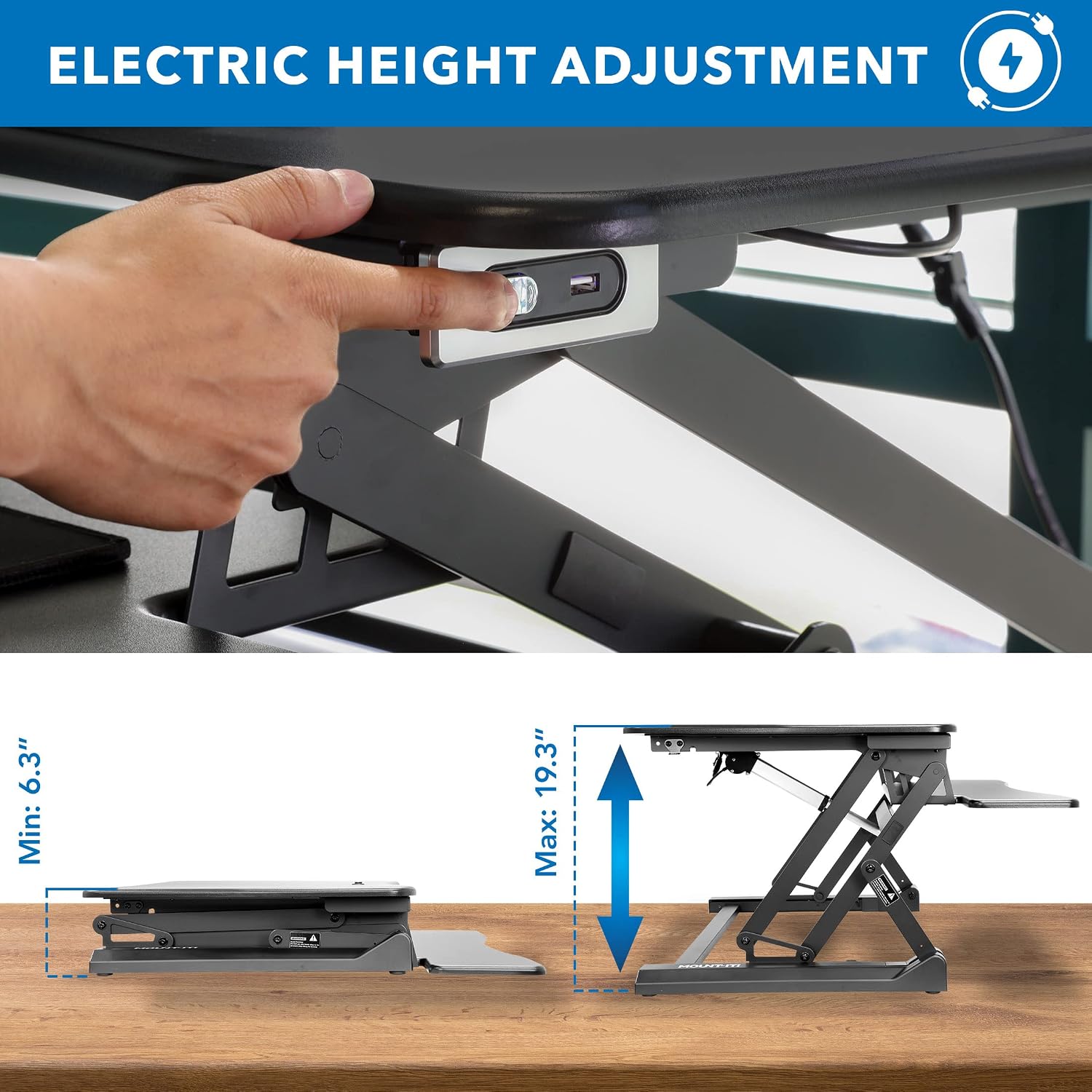 Mount-It! Electric Standing Desk Converter with Dual Monitor Arms for 2 Screens (Max 32'), Large 35.4' Wide Desktop, Motorized Stand Up Desk Riser, Keyboard Tray, USB, Black Stand up Desk Convertor