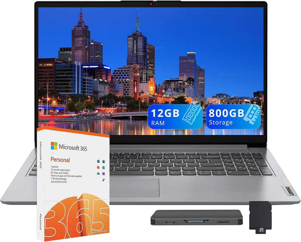 Lenovo IdeaPad 1 15.6' HD Laptop for Students & Business, Intel Celeron N4500, 12GB RAM, 512GB SSD+128GB eMMC, Full-Size Keyboard, WiFi 6, 1 Year Office 365, Win 11, Gray, 160GB Docking Station Set